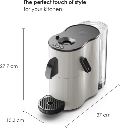 Kaffeemaschine mit Abmessungen, Text: 'Der perfekte Hauch von Stil für Ihre Küche'.