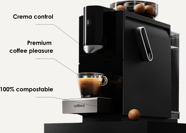 Schwarze Kaffeemaschine mit Crema-Kontrolle, Premium-Genuss und 100% kompostierbaren Eigenschaften.