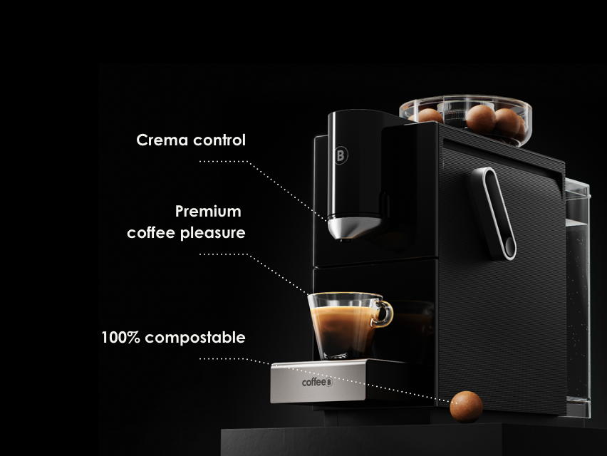 Schwarze Kaffeemaschine mit einer gläsernen Kaffeetasse. Textbeschriftungen: Crema-Kontrolle, Premium-Kaffee, 100 % kompostierbar.