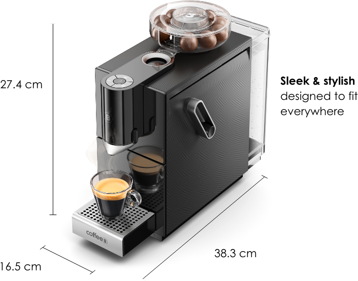 Eine schwarze Espressomaschine mit zwei Gläsern.