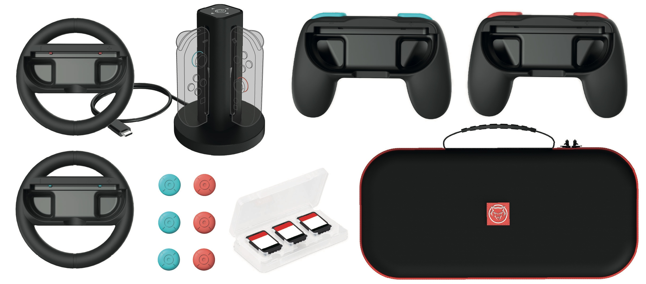Gaming accessoire set voor Nintendo Switch. Inclusief stuurwielen, controller grips en game card case.