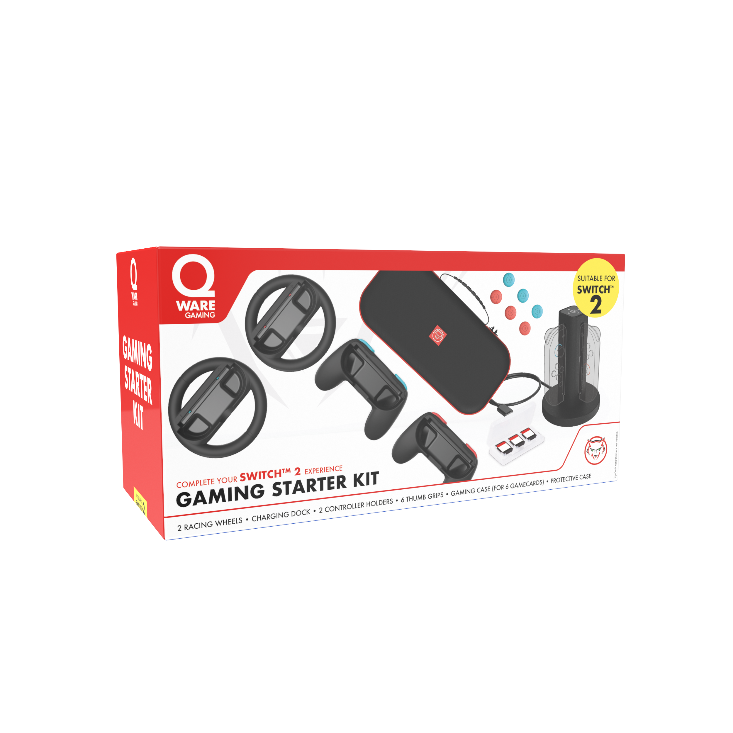 Gaming starter kit box with racing wheels, controller holders, and other accessories.