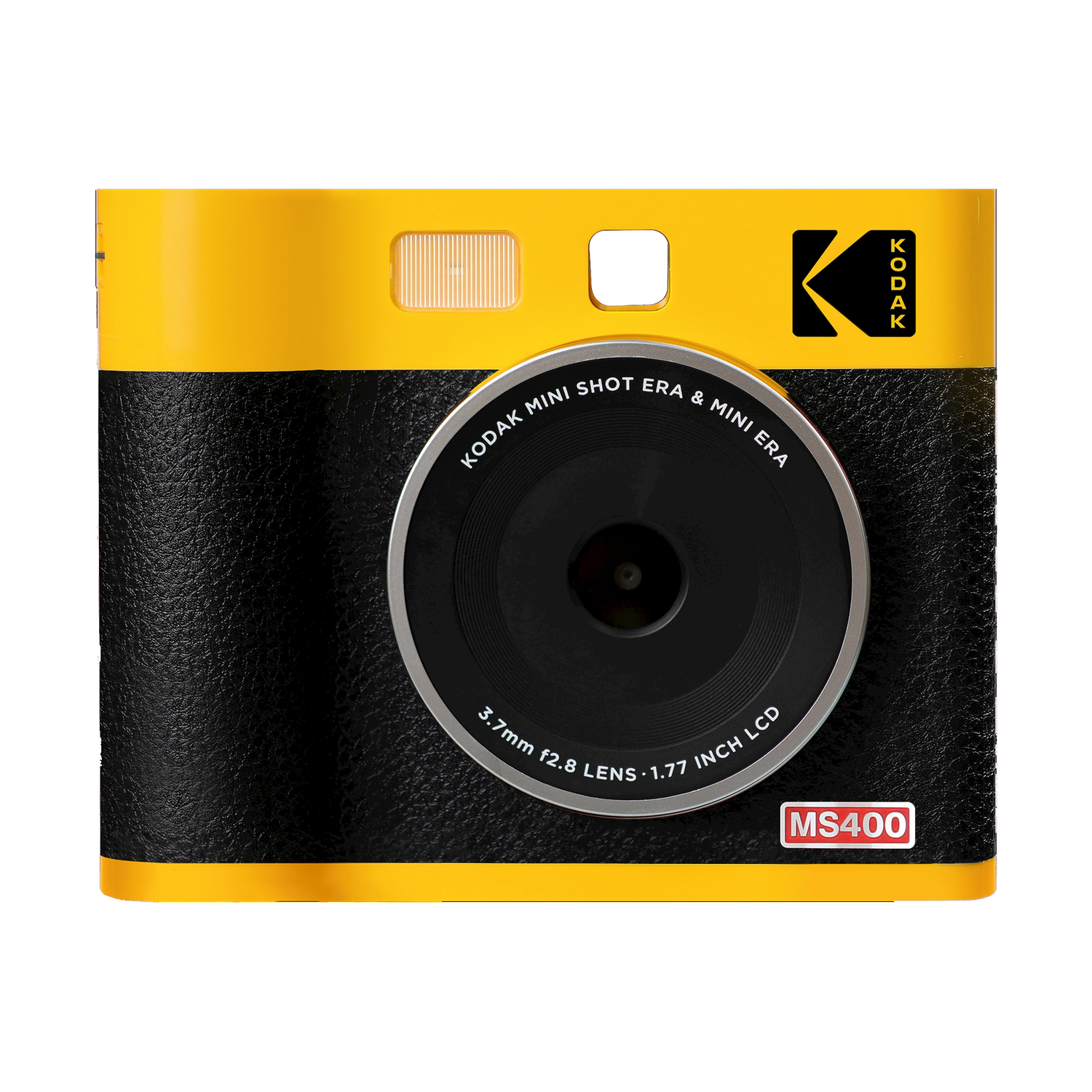 Fotocamera istantanea Kodak gialla e nera. Obiettivo nero e la parola Kodak è visibile.