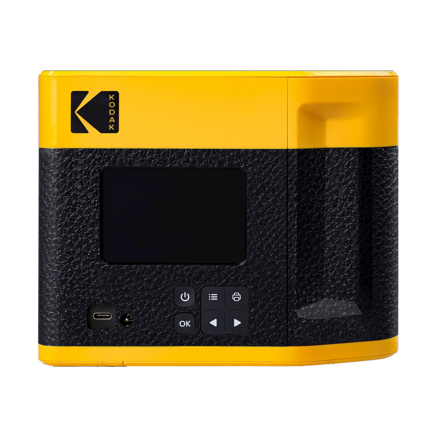 Proiettore Kodak giallo e nero. Forma rettangolare con pulsanti e schermo. Sfondo nero.