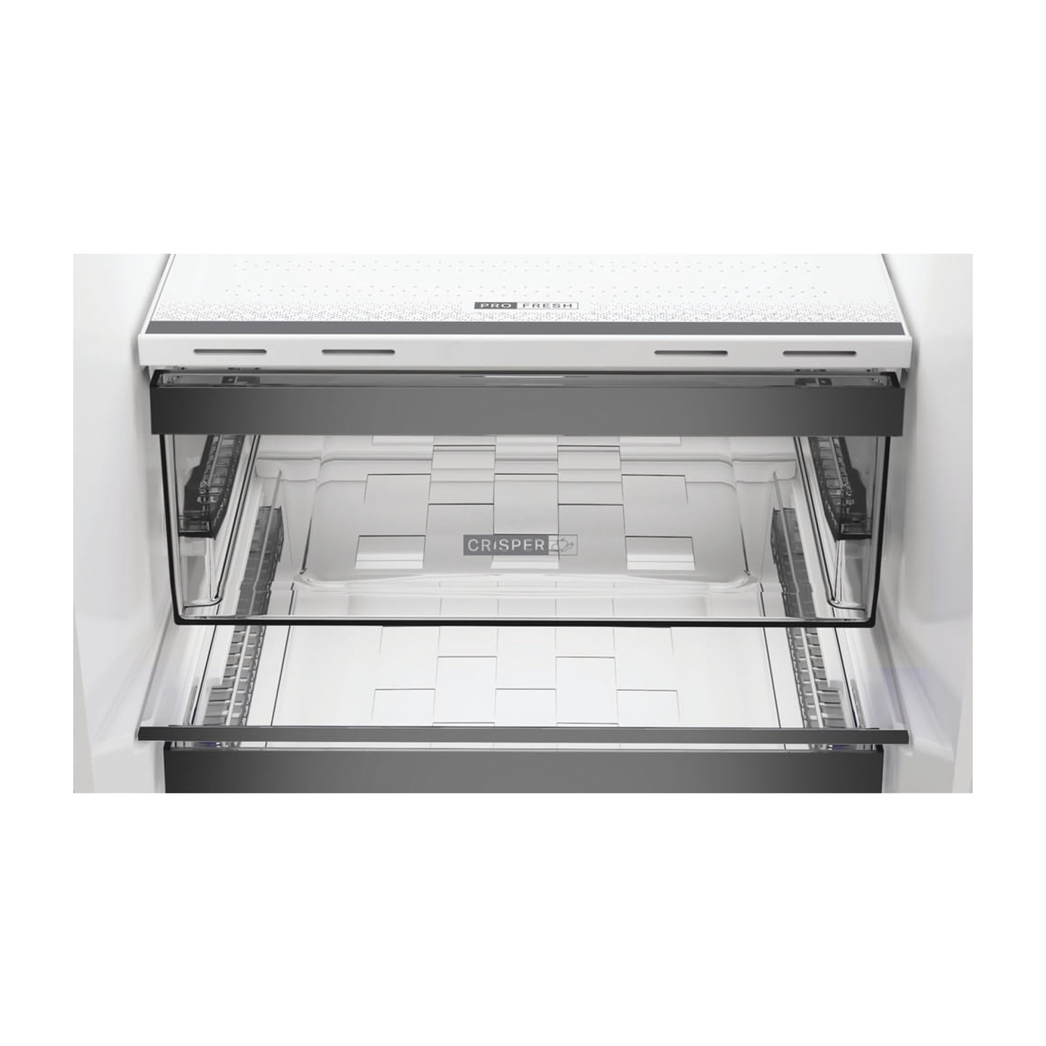Primo piano di un frigorifero, che mostra i cassetti Pro Fresh e Crisper.