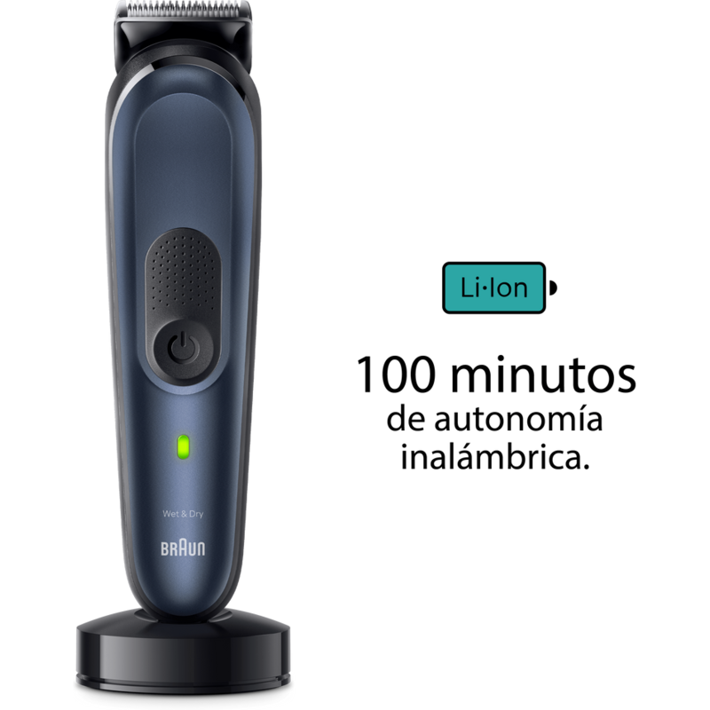 Recortador de barba Braun azul en su base de carga. Indica 100 minutos de autonomía inalámbrica.