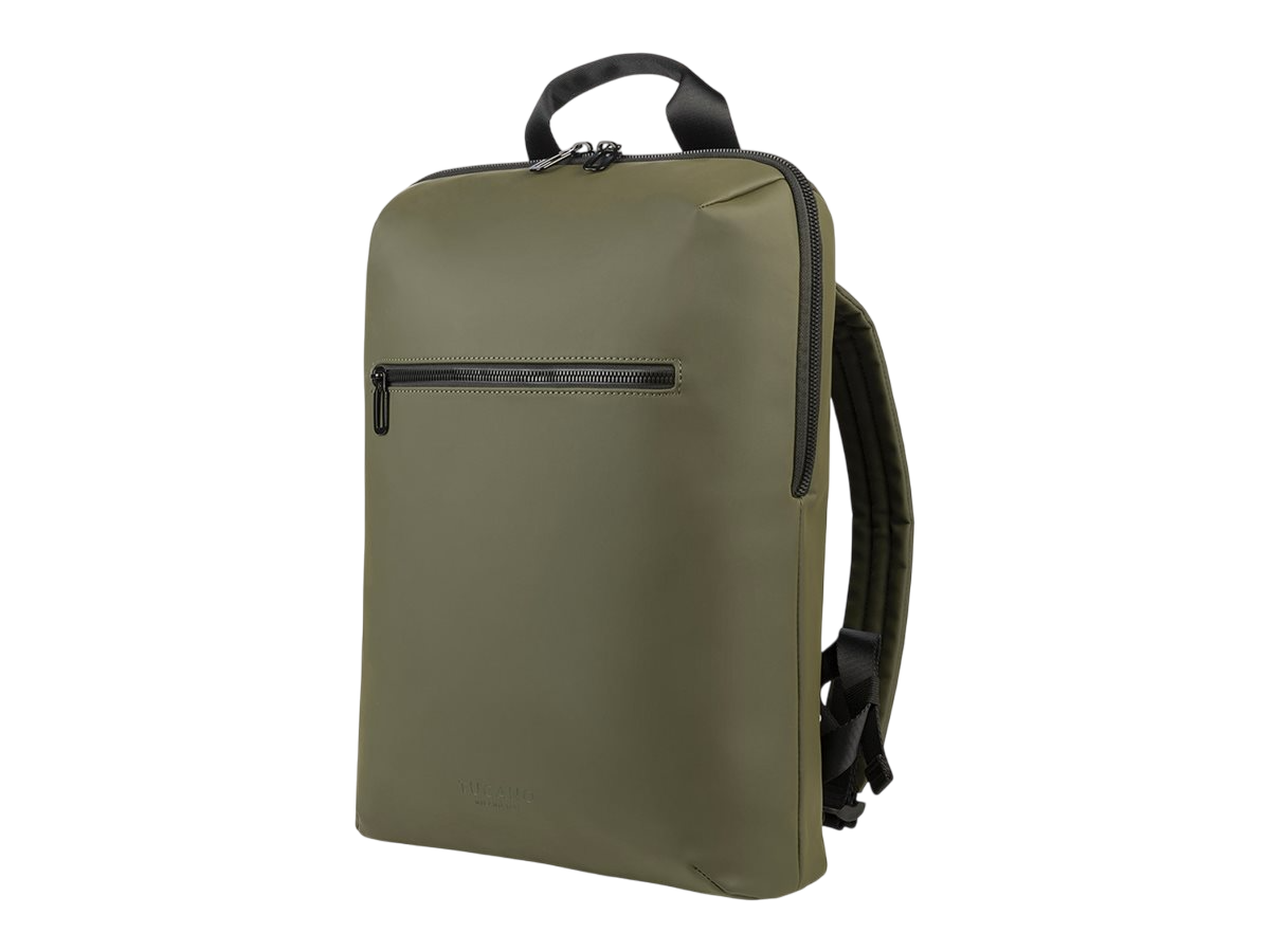 Olivgrüner Rucksack mit minimalistischem Design, schwarzem Reißverschluss und Griff.