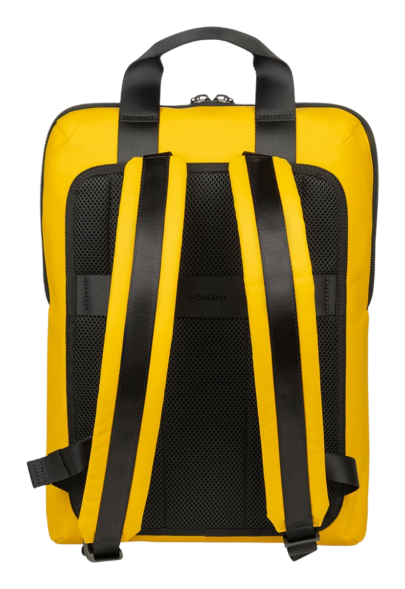 Das Bild zeigt die Rückseite eines leuchtend gelben Rucksacks.