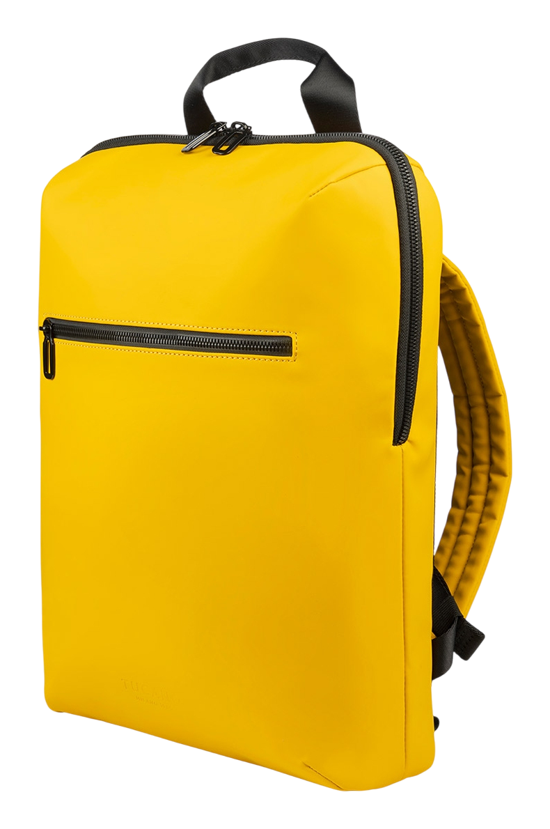 Ein leuchtend gelber Rucksack mit schwarzem Reißverschluss und Griff. Minimalistisches Design.