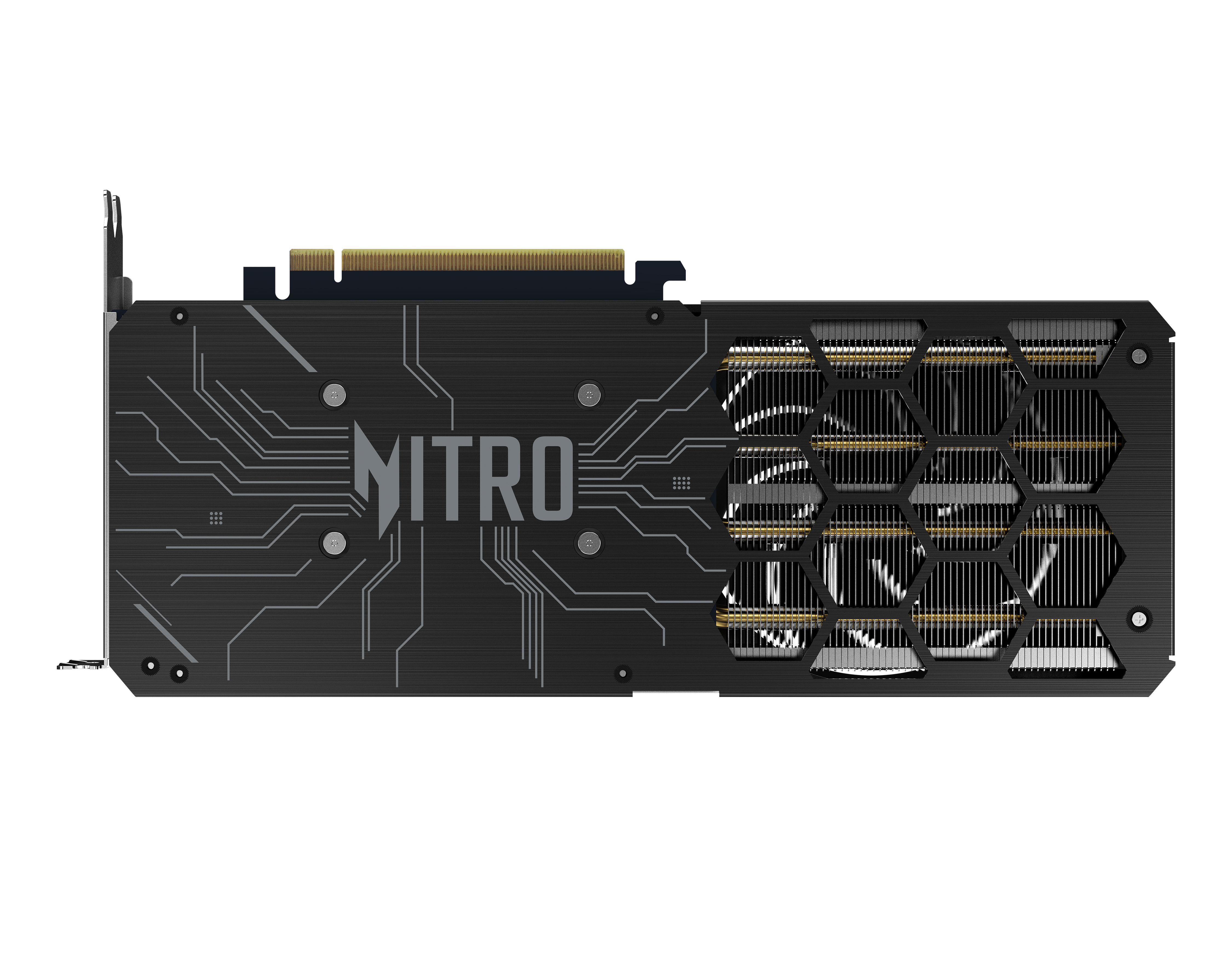 Grafikkarte mit dem Wort Nitro. Schwarz-graues Design mit Lüftern. Schwarzer Hintergrund.