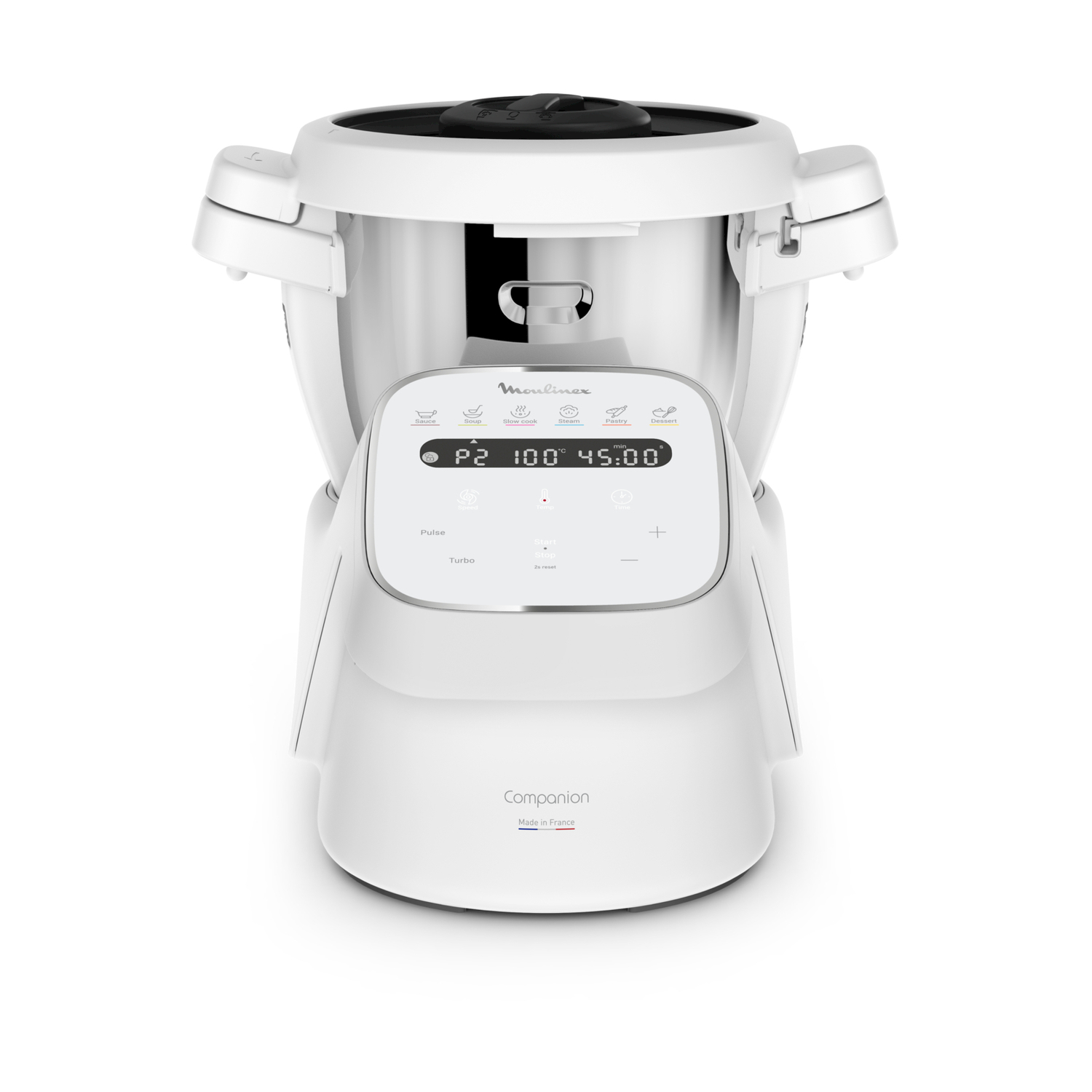 Robot da cucina Moulinex Companion bianco, vista dall'alto, con display digitale e controlli.