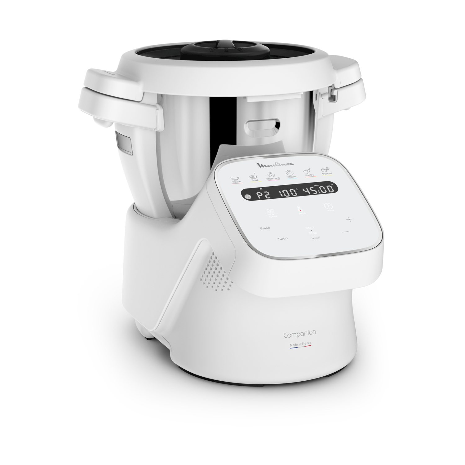 Elettrodomestico da cucina bianco con display digitale. Ha un coperchio e pulsanti frontali.