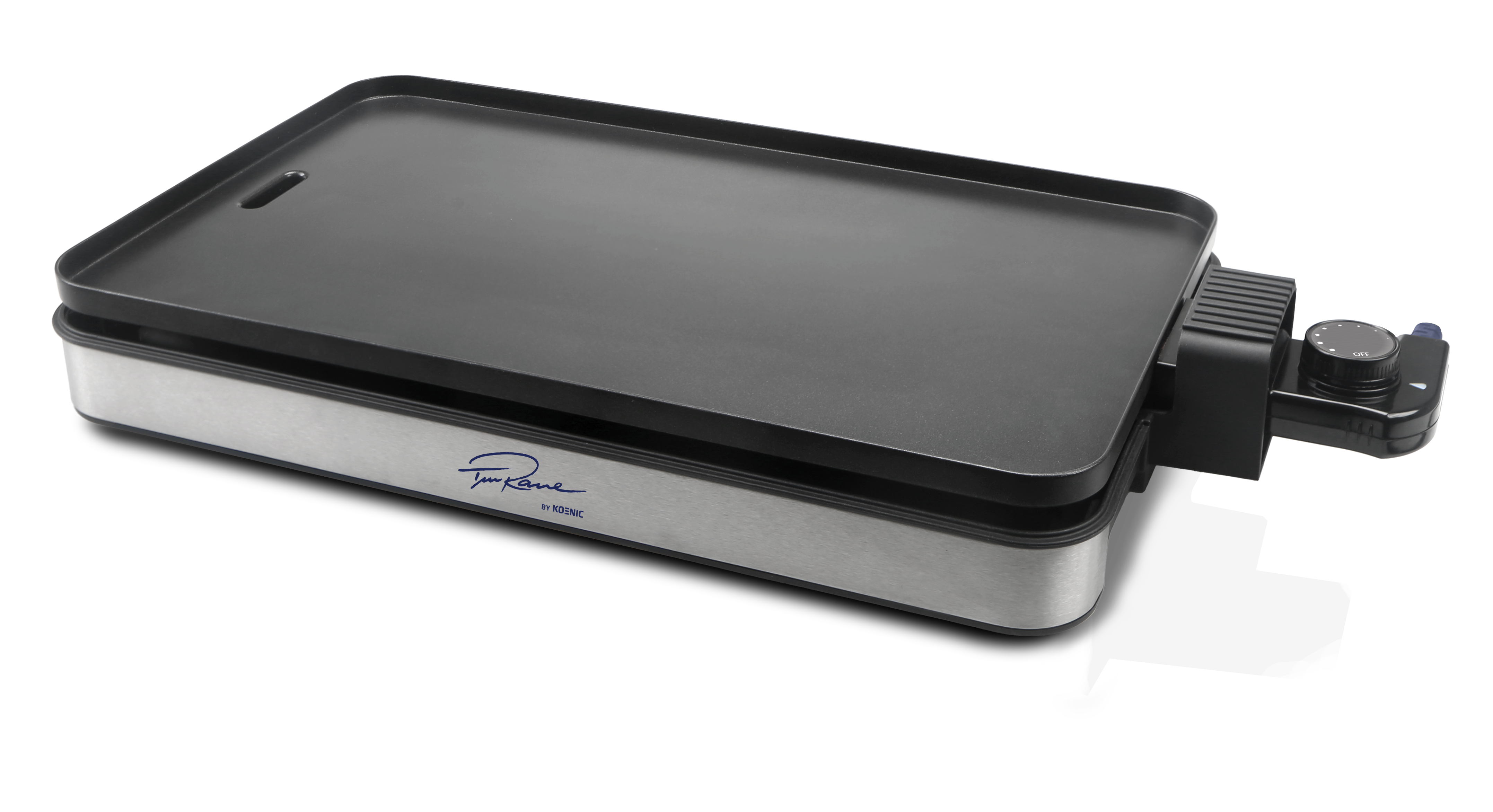 Elektrische Grillplatte mit schwarzer Kochfläche und silberner Basis. Ein Drehregler rechts.