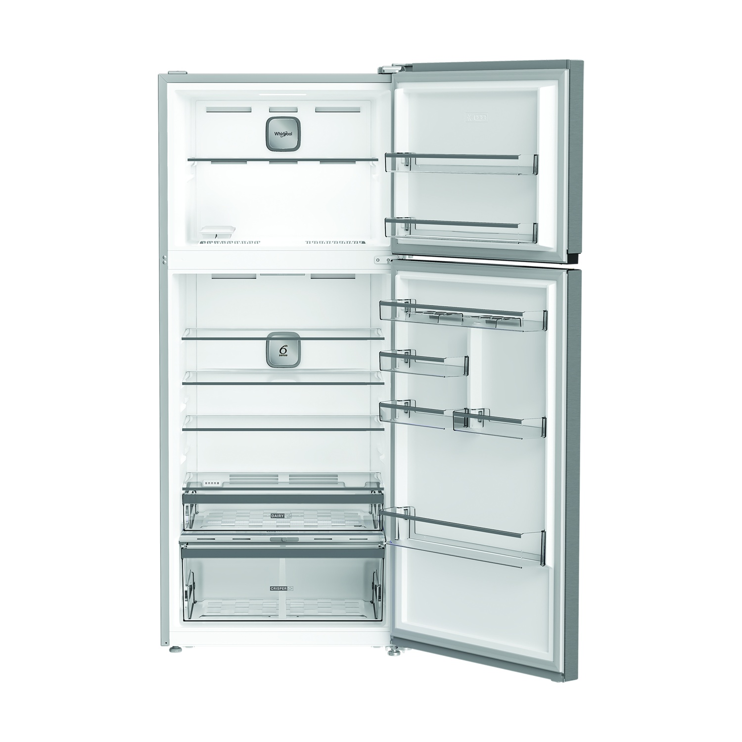 Un frigorifero con entrambe le porte aperte, che rivela ripiani, cassetti e generi alimentari all'interno.