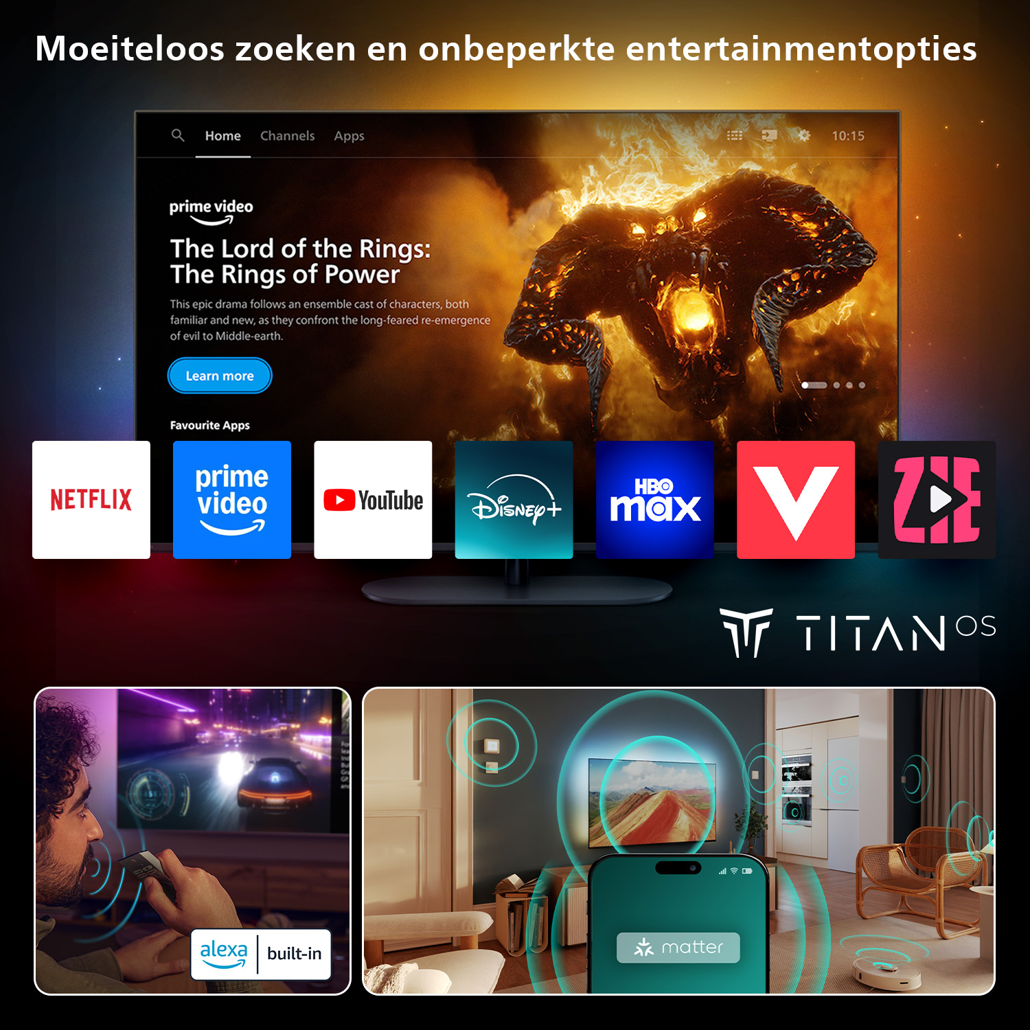 Tv-scherm met smart tv-interface. Meerdere app-pictogrammen worden onderaan weergegeven. Een man houdt een afstandsbediening vast.
