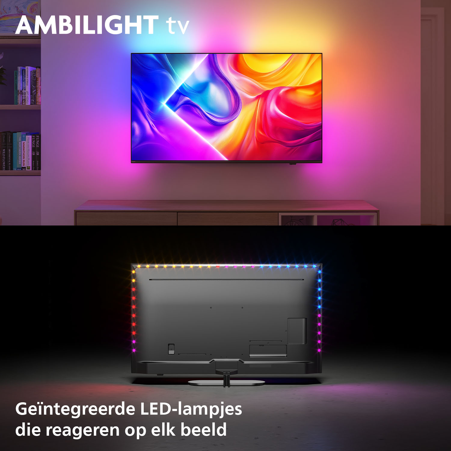 Tv toont kleurrijk beeld. LED-lampjes aan de achterkant.