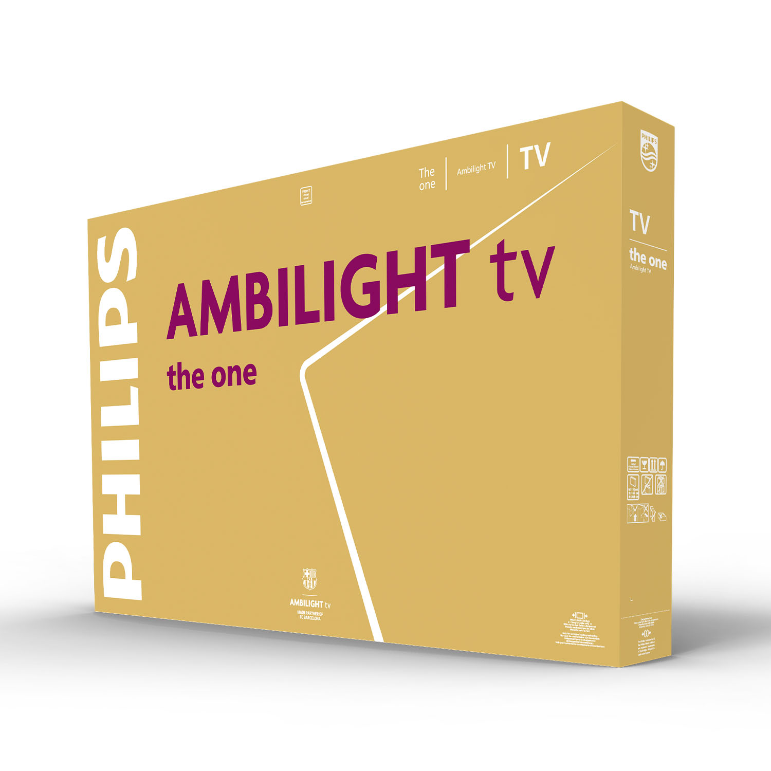 Doos met Philips Ambilight TV op witte achtergrond.