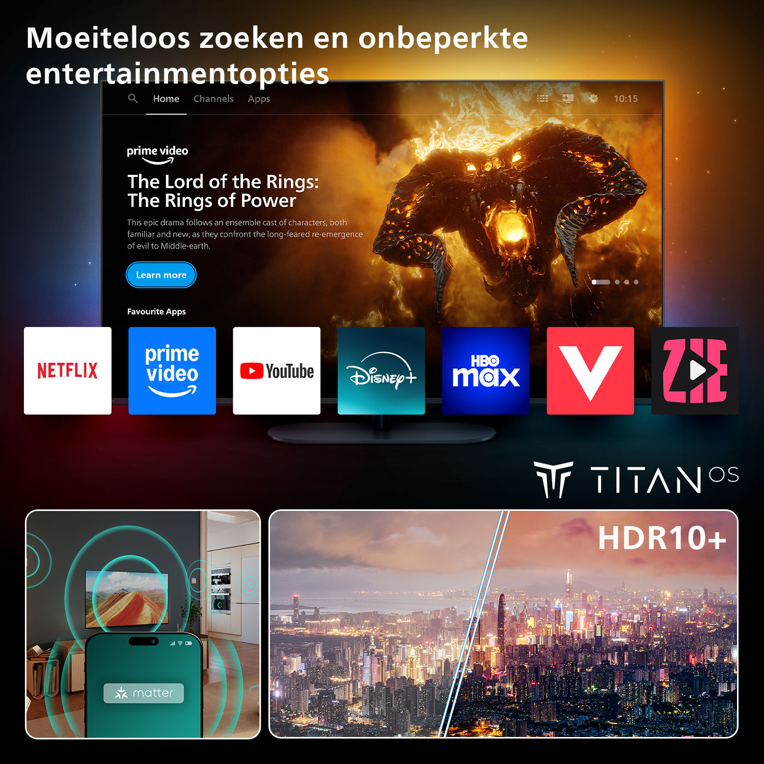 A TV screen displays Prime Video's 'The Lord of the Rings'. Below are app icons like Netflix, YouTube. A phone interacts with the TV.