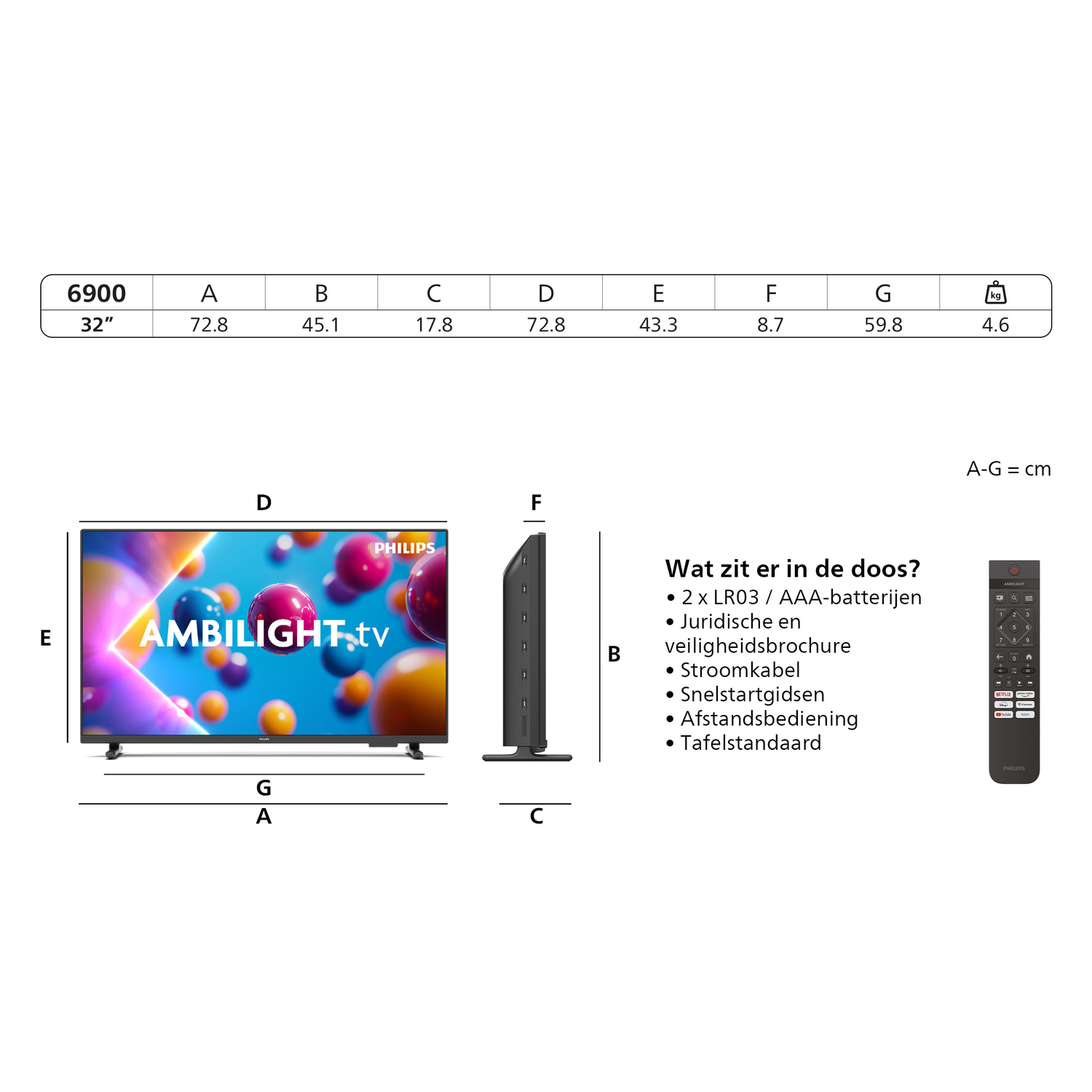 TV dimensions and features. Ambilight TV, dimensions, and a remote control.