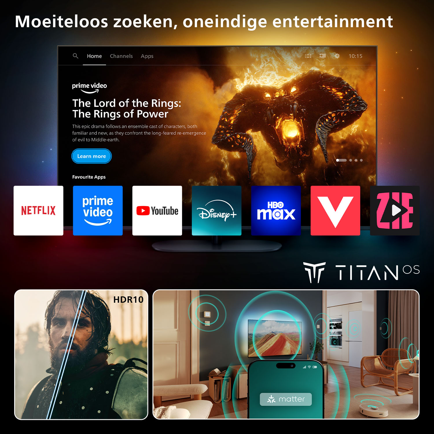 TV screen displays a show with apps. Below, a man watches TV. A phone and smart home devices are shown.