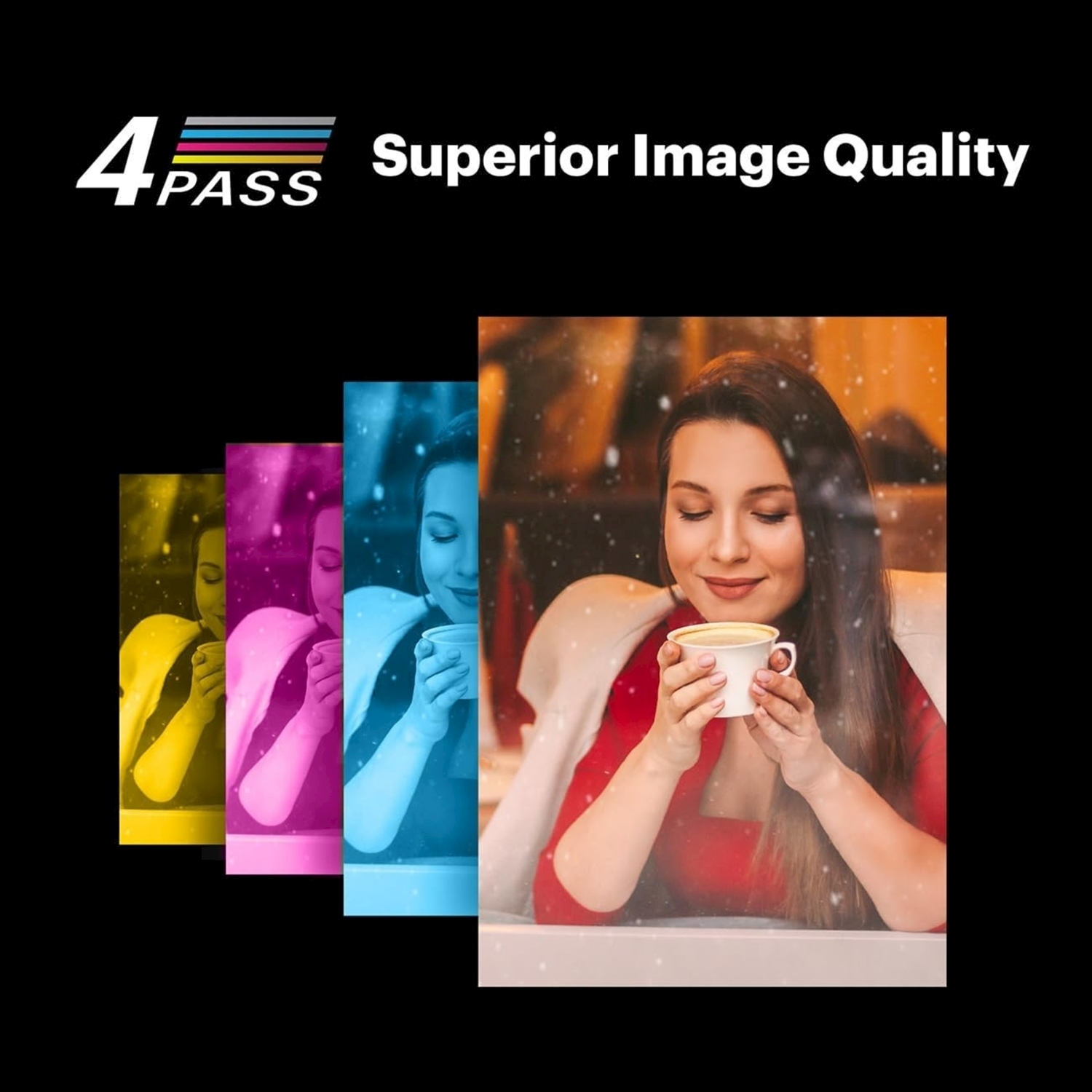 Donna che tiene una tazza, con testo sulla qualità dell'immagine e barre colorate.