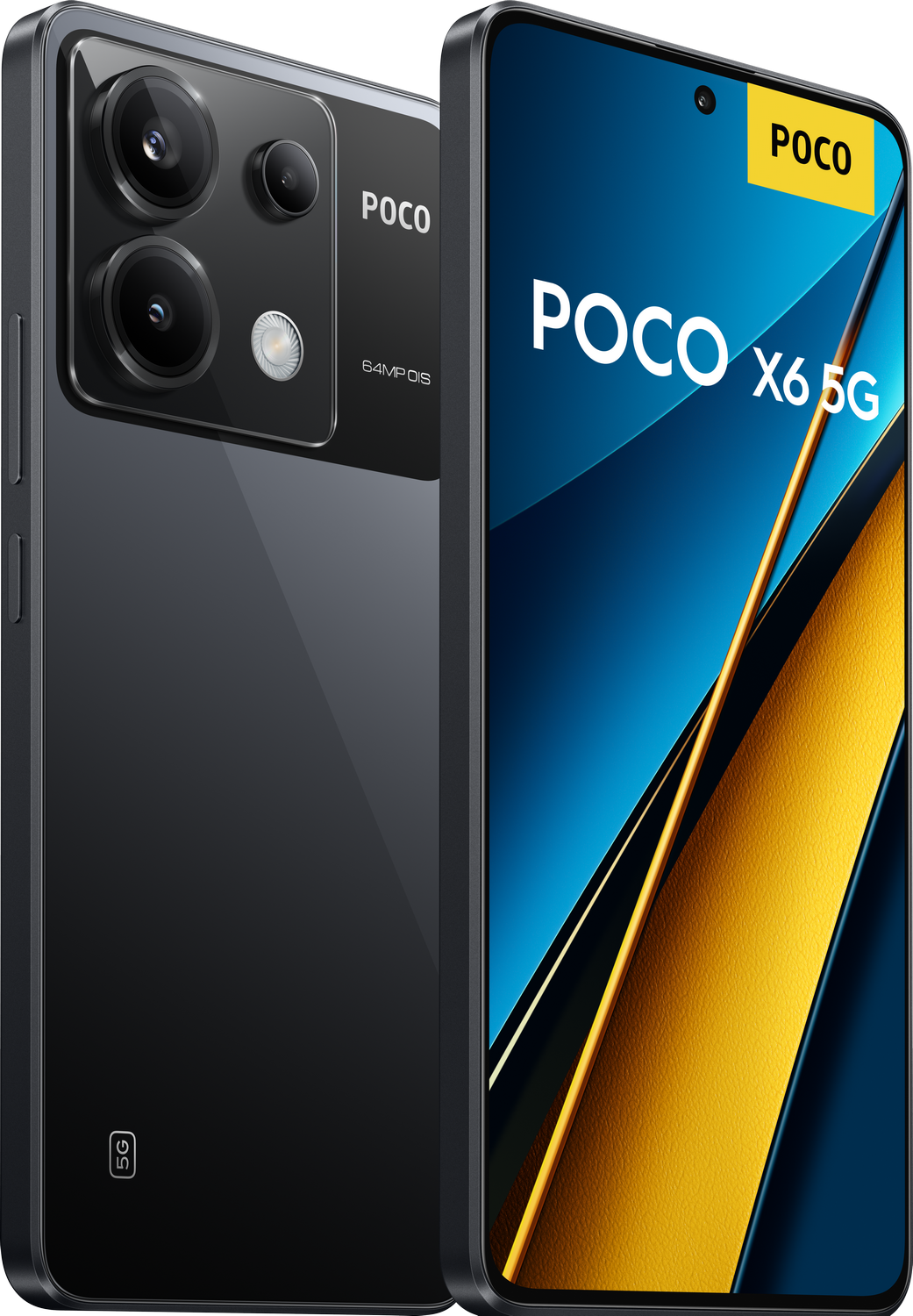 Teléfono POCO X6 5G negro, vista frontal y trasera, logotipo POCO y detalles de la cámara.