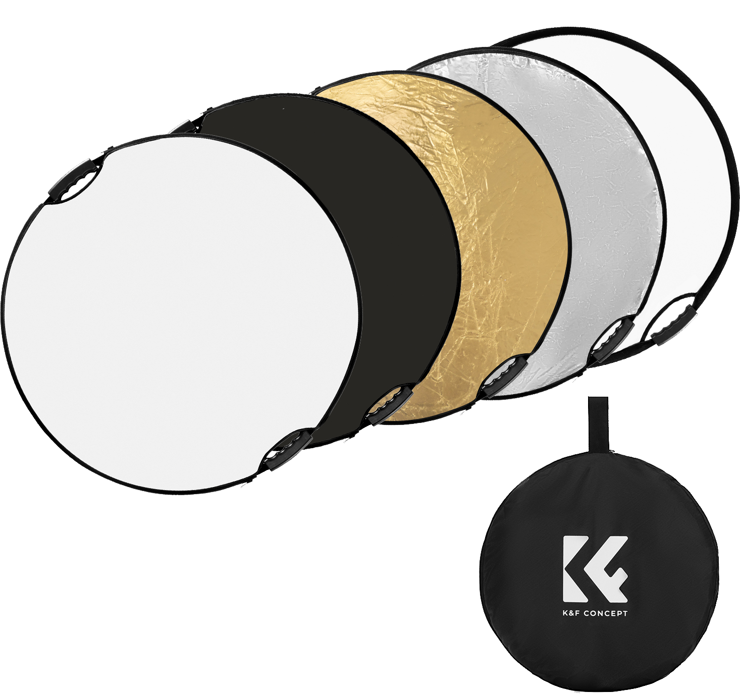 K&F 5in1 derítőlap, reflektor fogantyúval 110cm (feh, fek, arany, ezüst, transp) + hordtáska