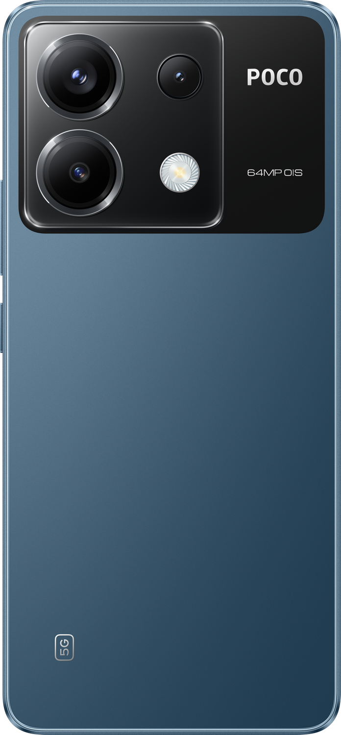 Vista trasera de un teléfono Poco azul con cámaras y el logo 5G.