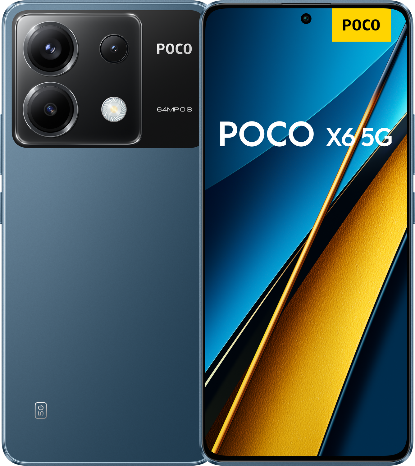 Teléfono azul Poco X6 5G, cámaras traseras visibles y logotipo Poco. En la pantalla: Poco X6 5G.