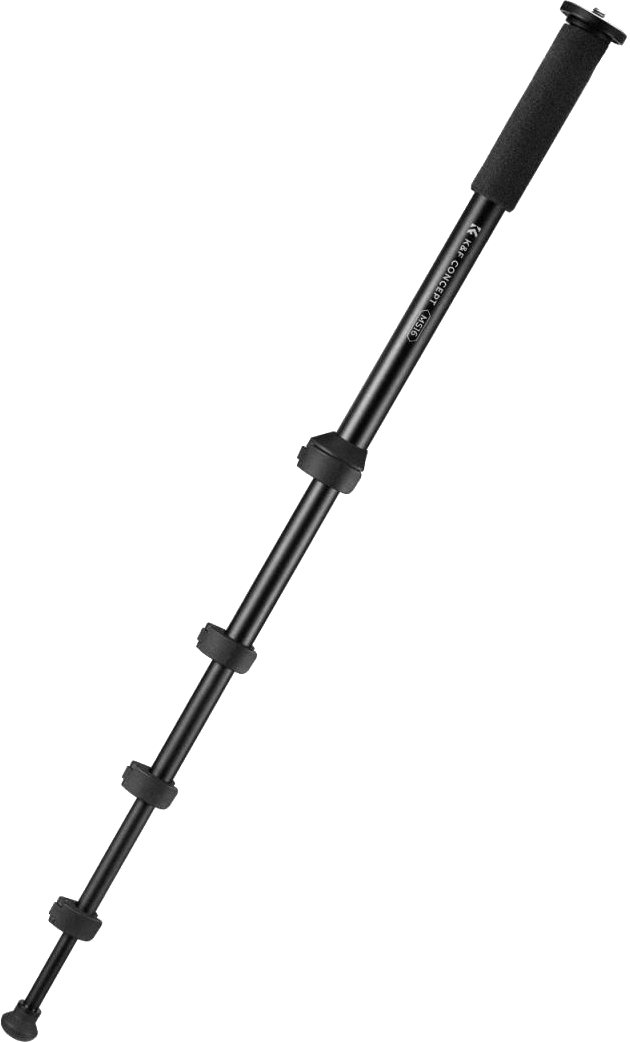 Fekete monopod fogantyúval és rögzítőgyűrűkkel, függőlegesen fekete háttér előtt.