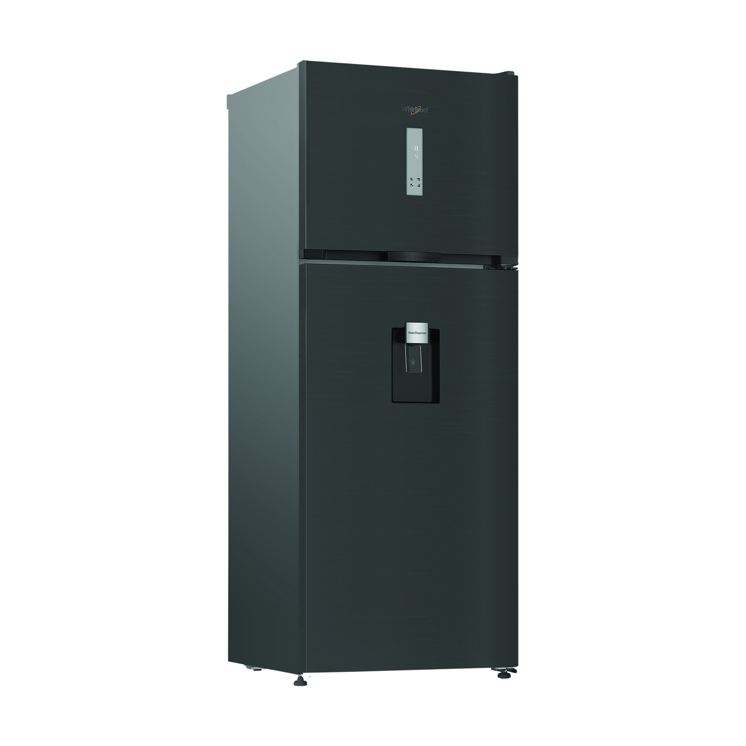 Frigorifero Whirlpool nero. Due porte con dispenser d'acqua e congelatore superiore.