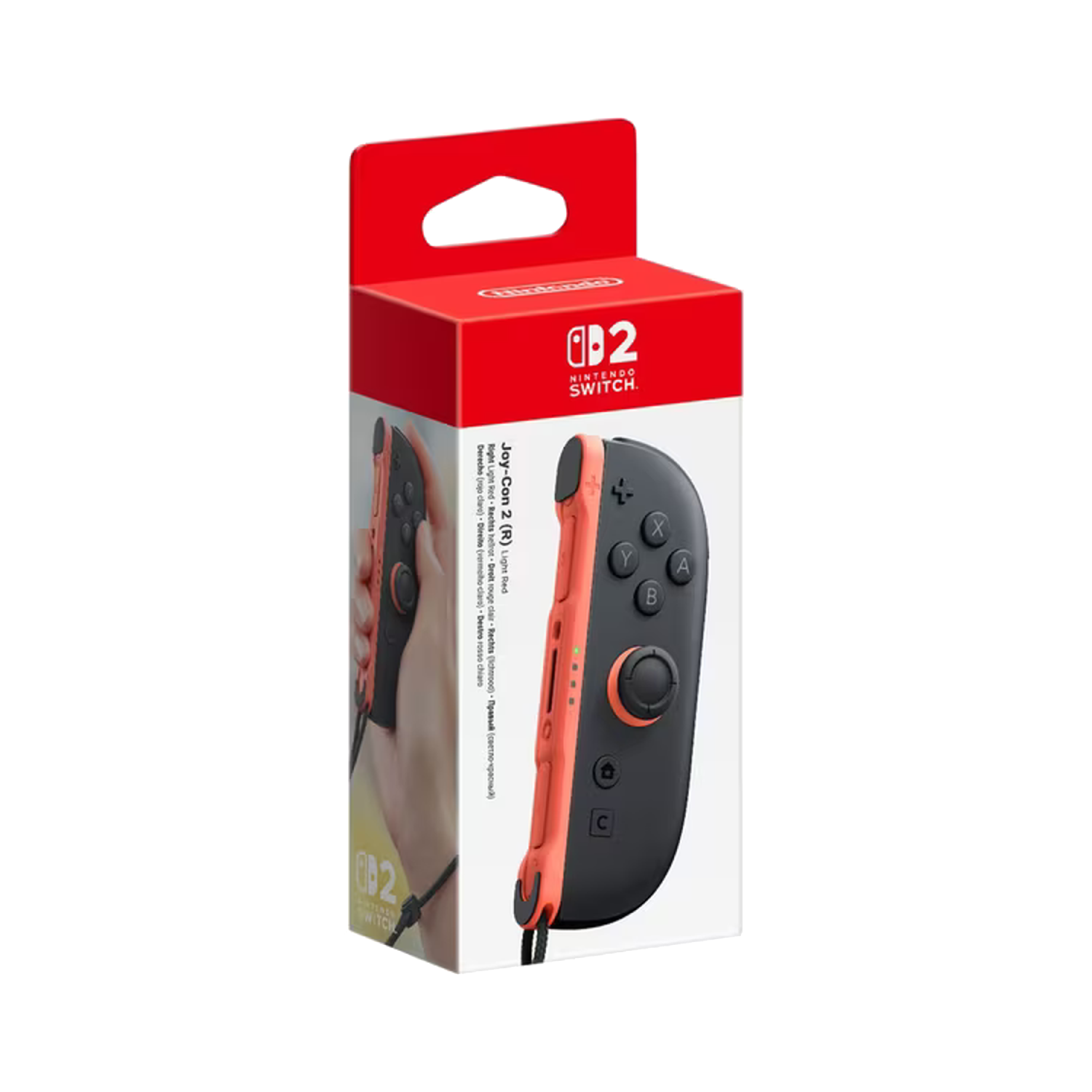 Box with a red top containing a black and orange Nintendo Switch Joy-Con controller.