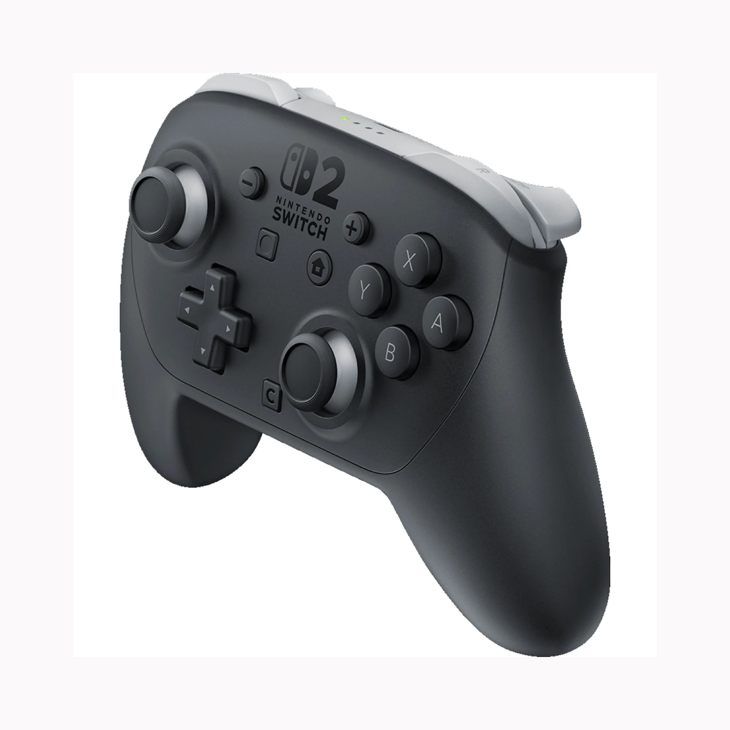 Black and grey Nintendo Switch Pro Controller on a white background.