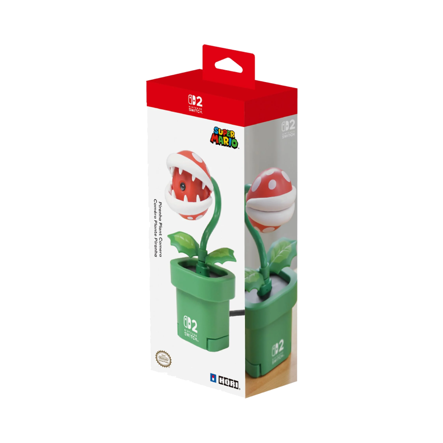 Een doos met een Piranha Plant camera voor Nintendo Switch. De plant staat in een groene pot, rode doos top.