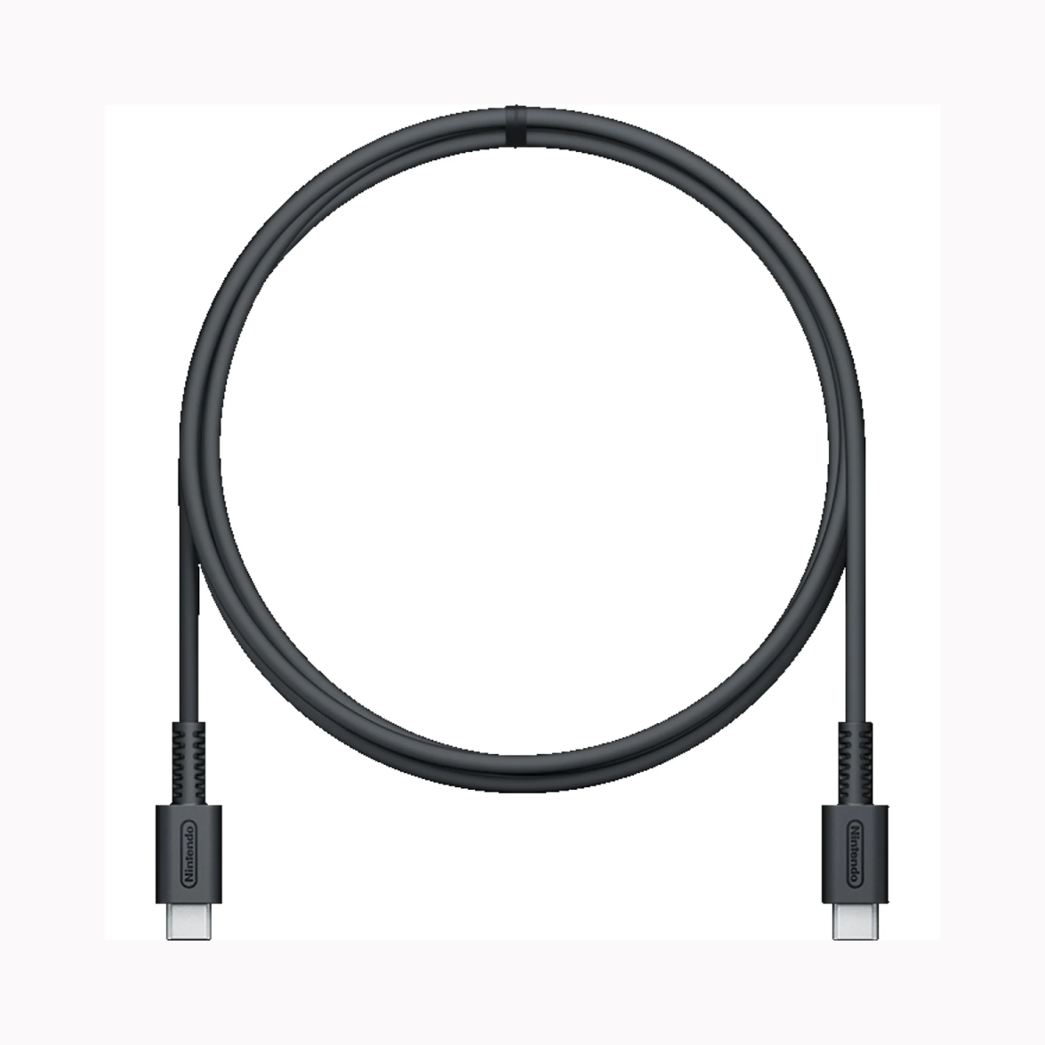 A black Nintendo-branded charging cable with connectors on both ends, on a white background.