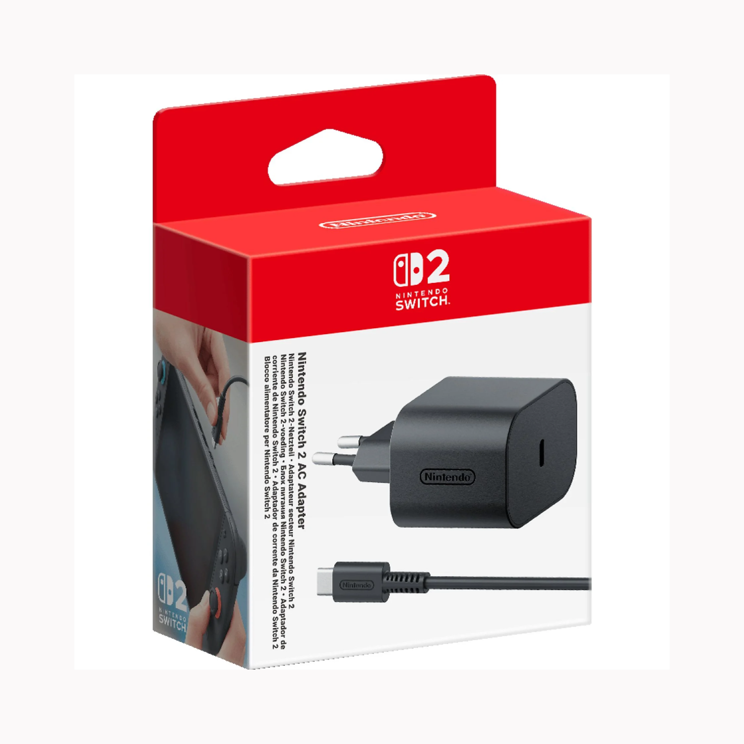 Nintendo Switch 2 AC adapter box, red box with black adapter and cable.