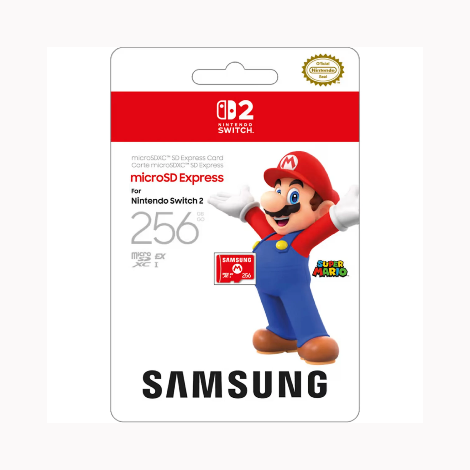 Une carte microSD Samsung pour Nintendo Switch. Avec Mario et un logo Nintendo Switch.