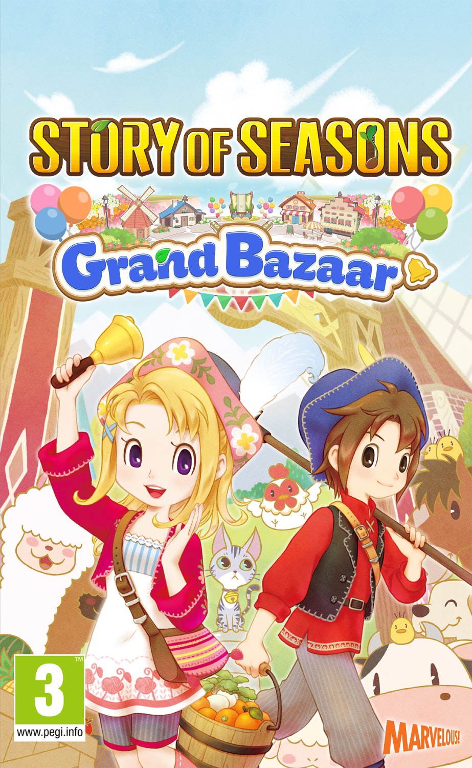 Portada del juego Story of Seasons: Grand Bazaar con dos personajes. Fondo blanco.