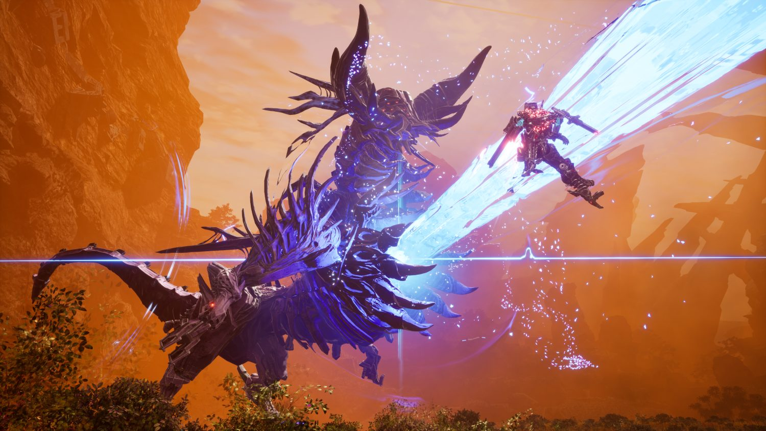 Un dragón azul gigante lucha contra un guerrero en un paisaje de color naranja fuego.