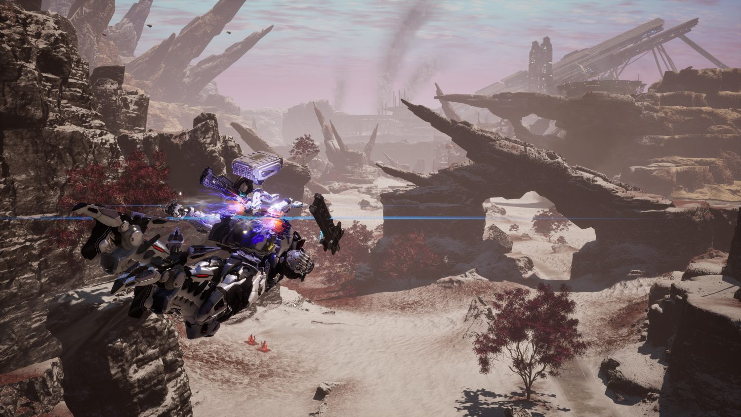 Escena de combate futurista, un mech blanco y azul volando sobre un paisaje rocoso y alienígena.