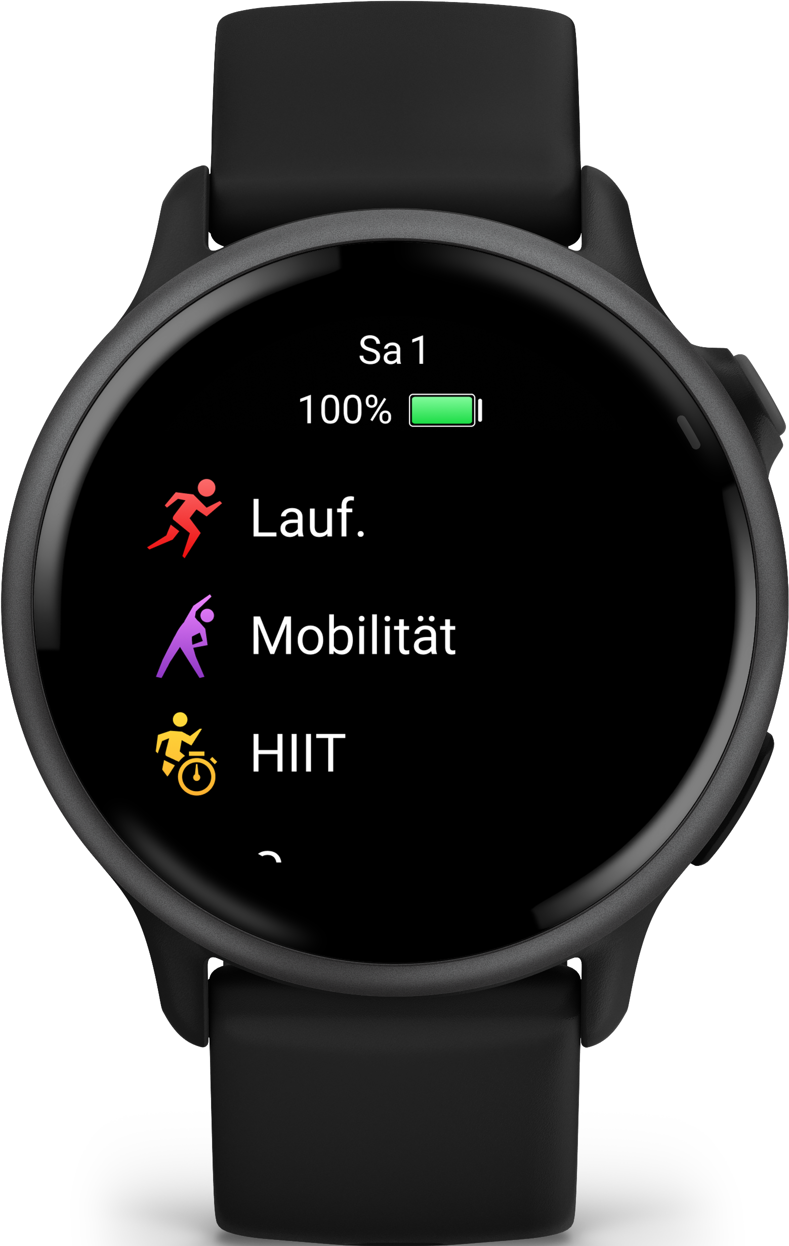Une montre intelligente noire avec un cadran rond affichant des données d'activité, notamment course, mobilité et HIIT.