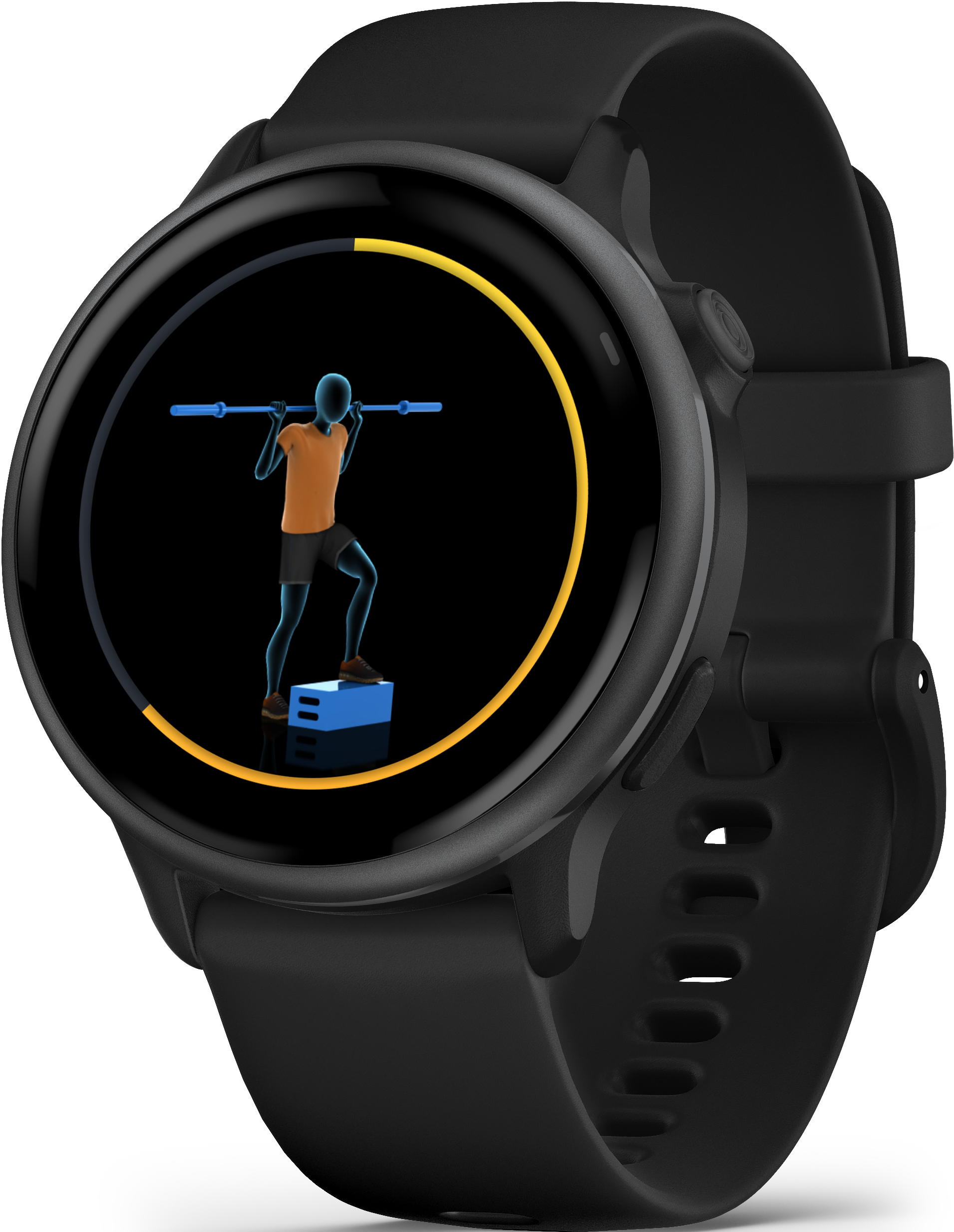 Smartwatch affichant un exercice d'haltérophilie à l'écran.