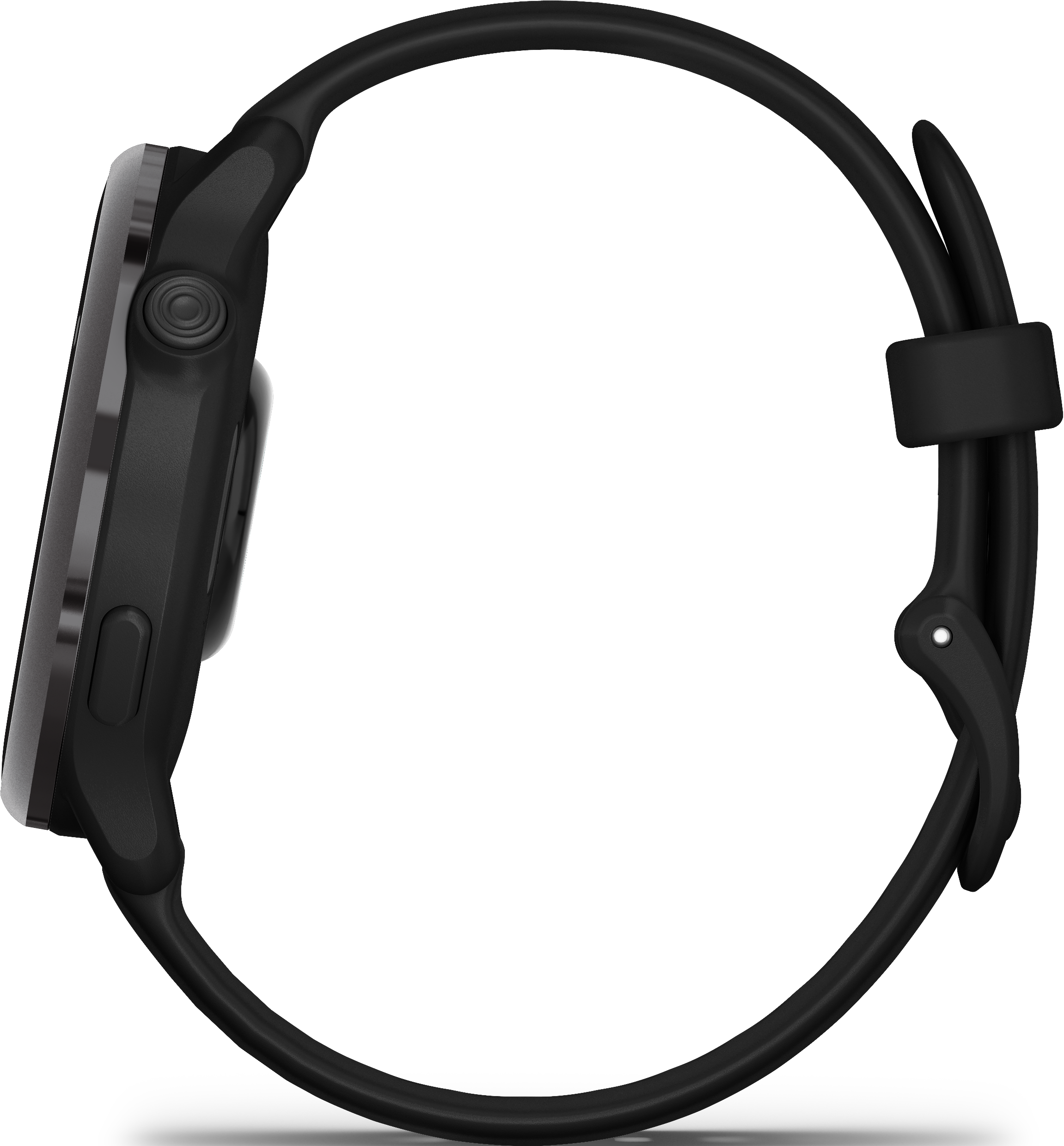 Vue latérale d'une smartwatch Garmin noire avec un bracelet noir.