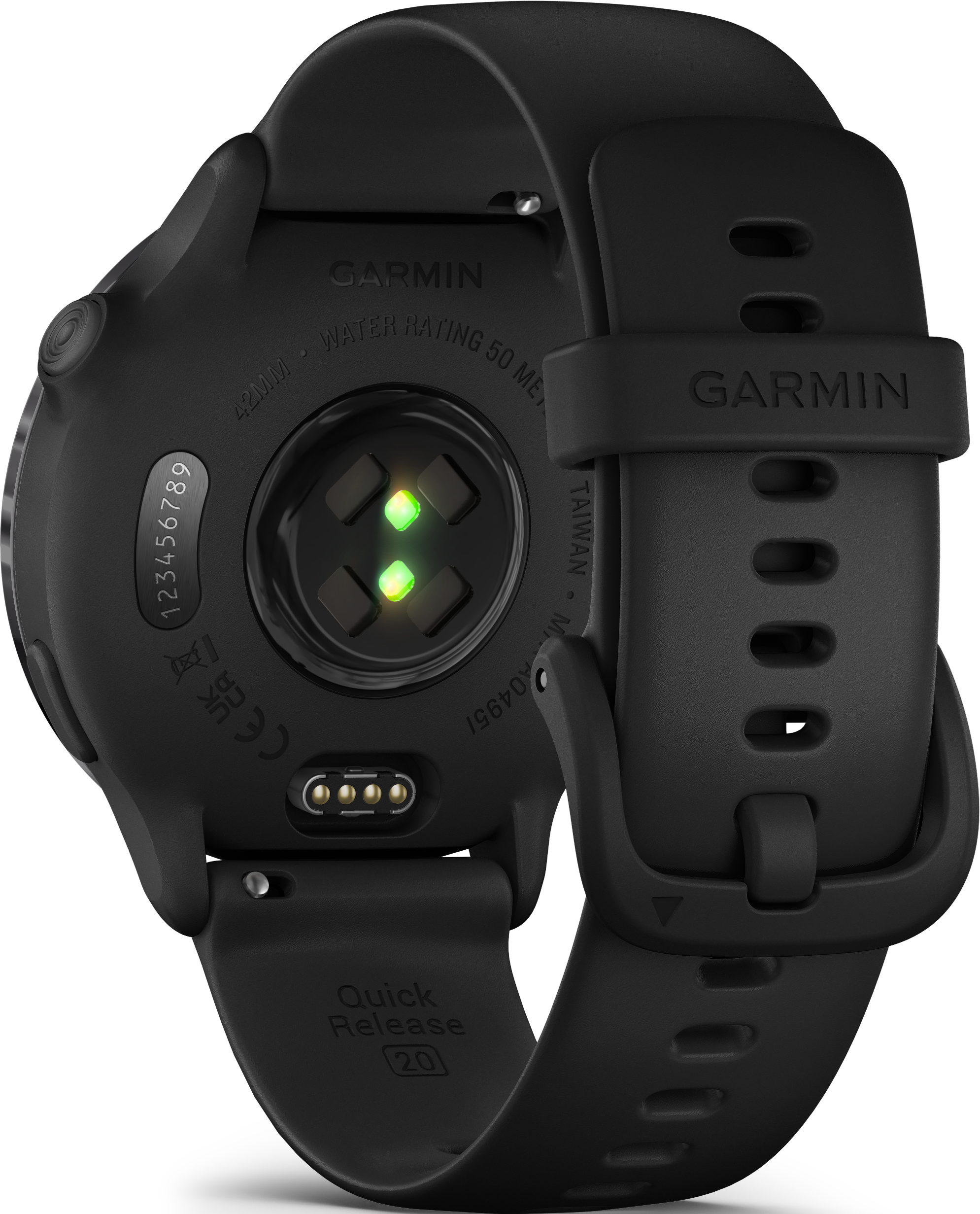 Montre connectée Garmin noire, vue arrière, montrant les capteurs et les détails du bracelet.