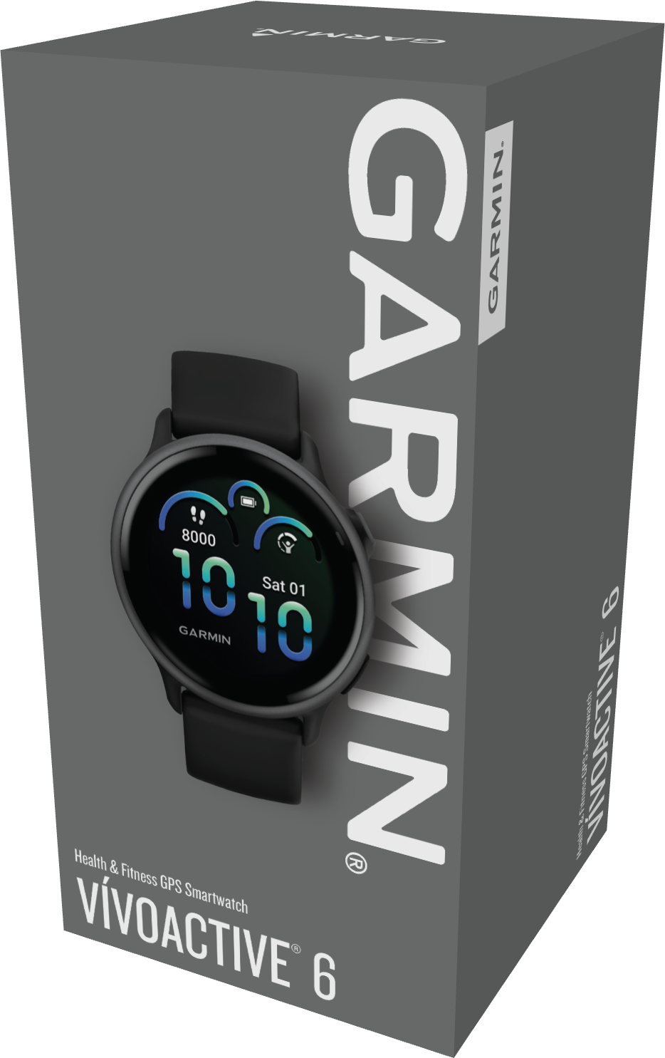 Boîte Garmin Vivoactive 6. Le cadran de la montre est visible. La boîte est grise.