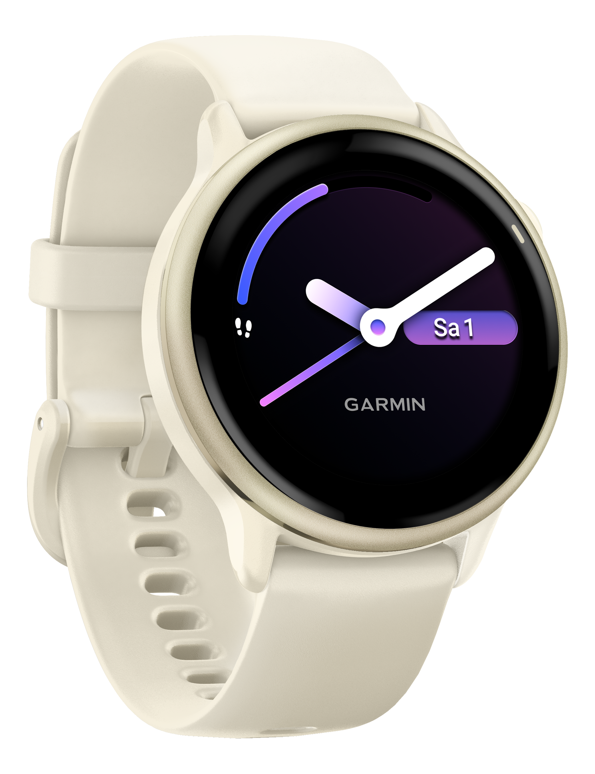 Smartwatch Garmin crème. Écran rond, écran noir affichant l'heure et la date.