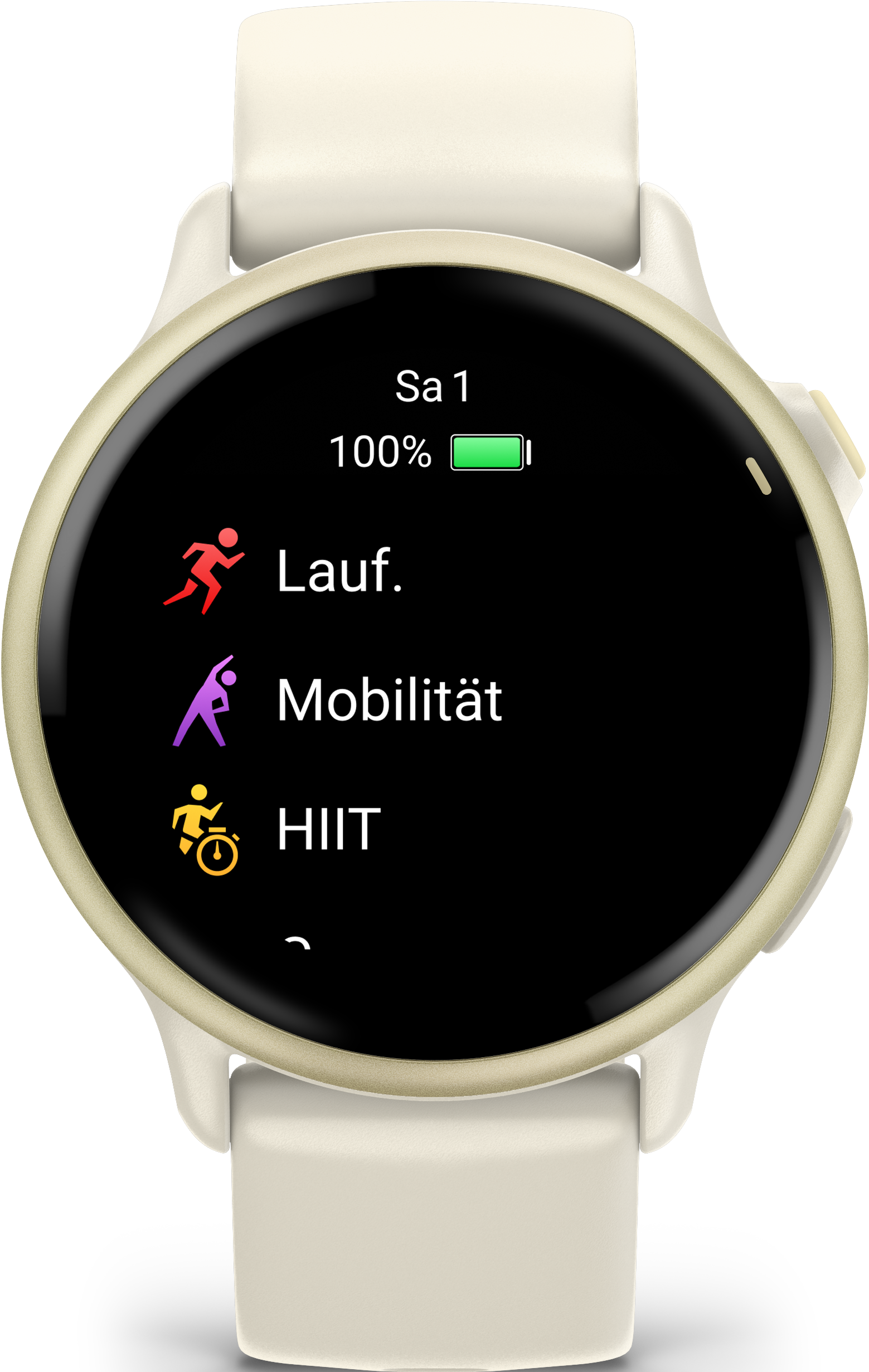 Écran de montre connectée affichant les options d'exercice : course, mobilité et HIIT, avec batterie.