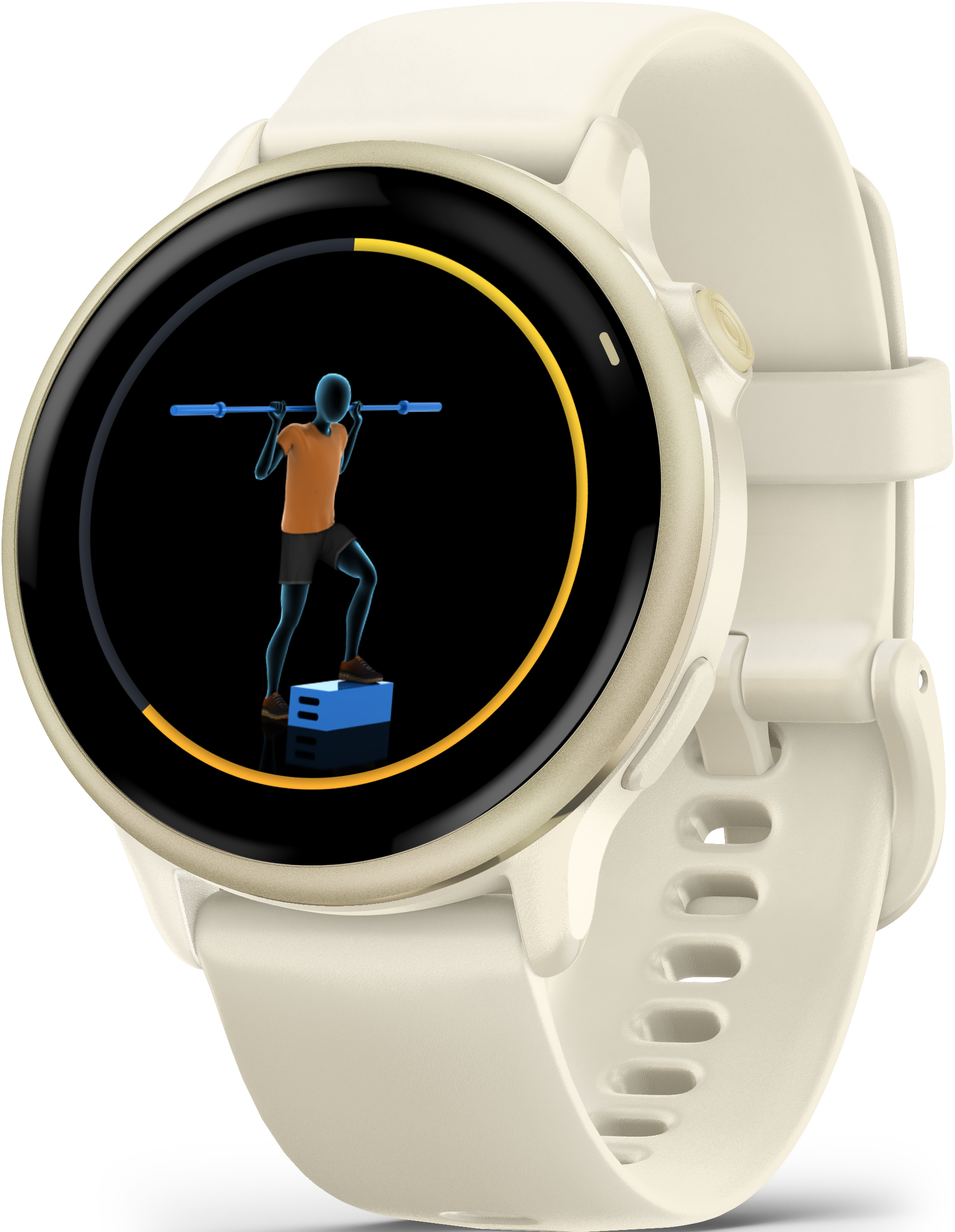 Smartwatch affichant un programme d'exercice avec une personne soulevant des poids.