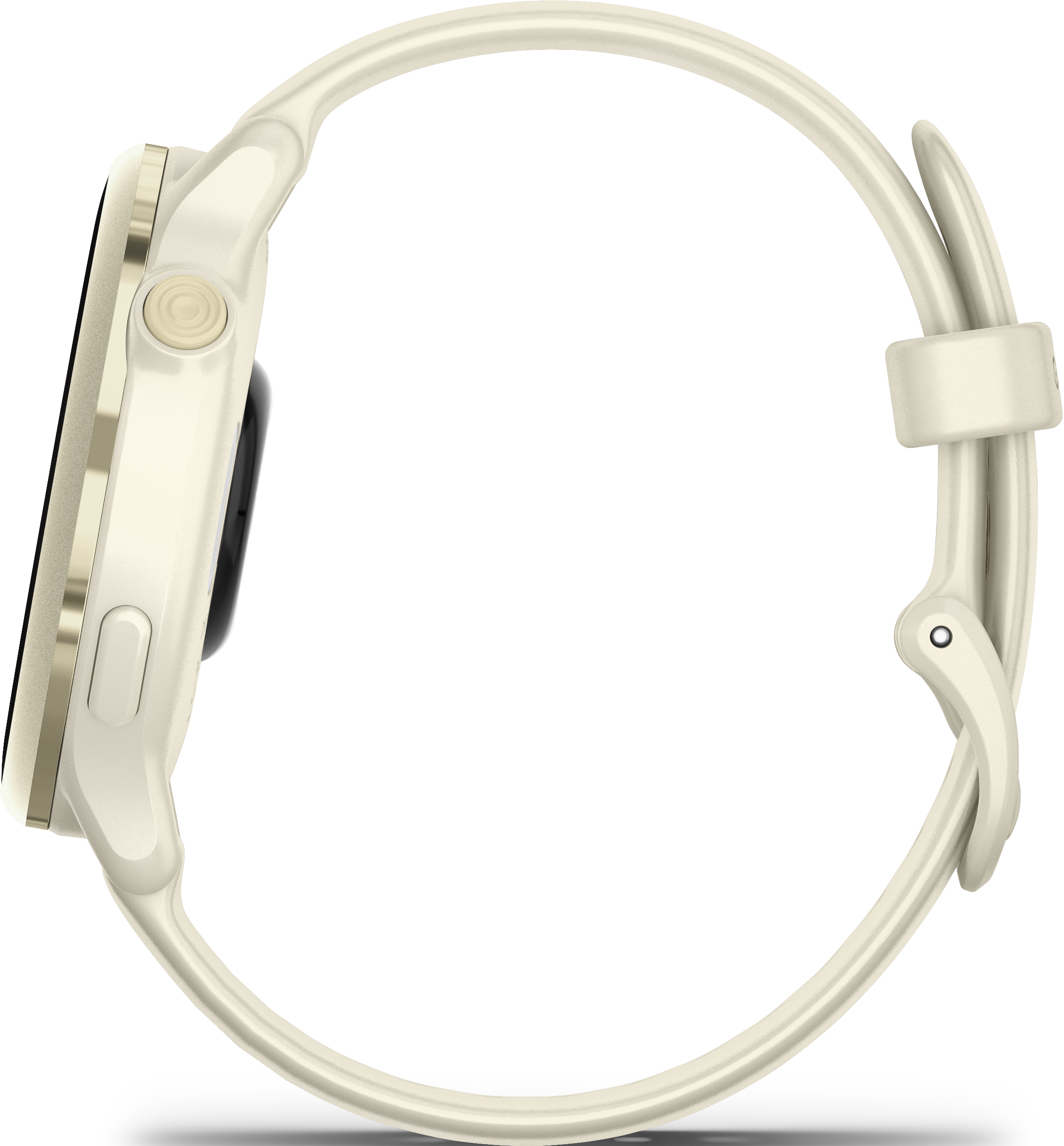 Montre connectée crème avec bracelet blanc.