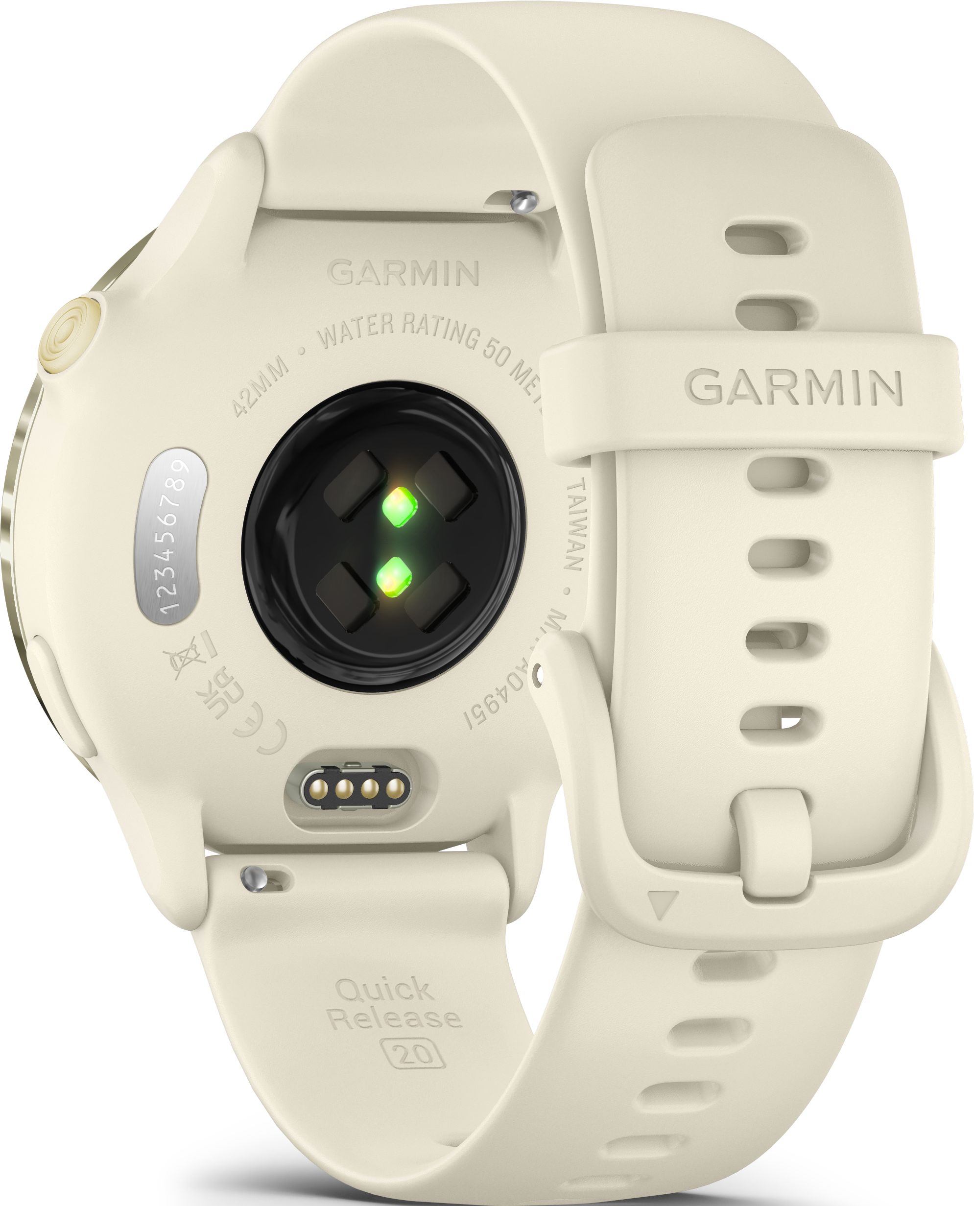 Montre Garmin de couleur crème, vue arrière, avec capteur de fréquence cardiaque et mécanisme de libération rapide.